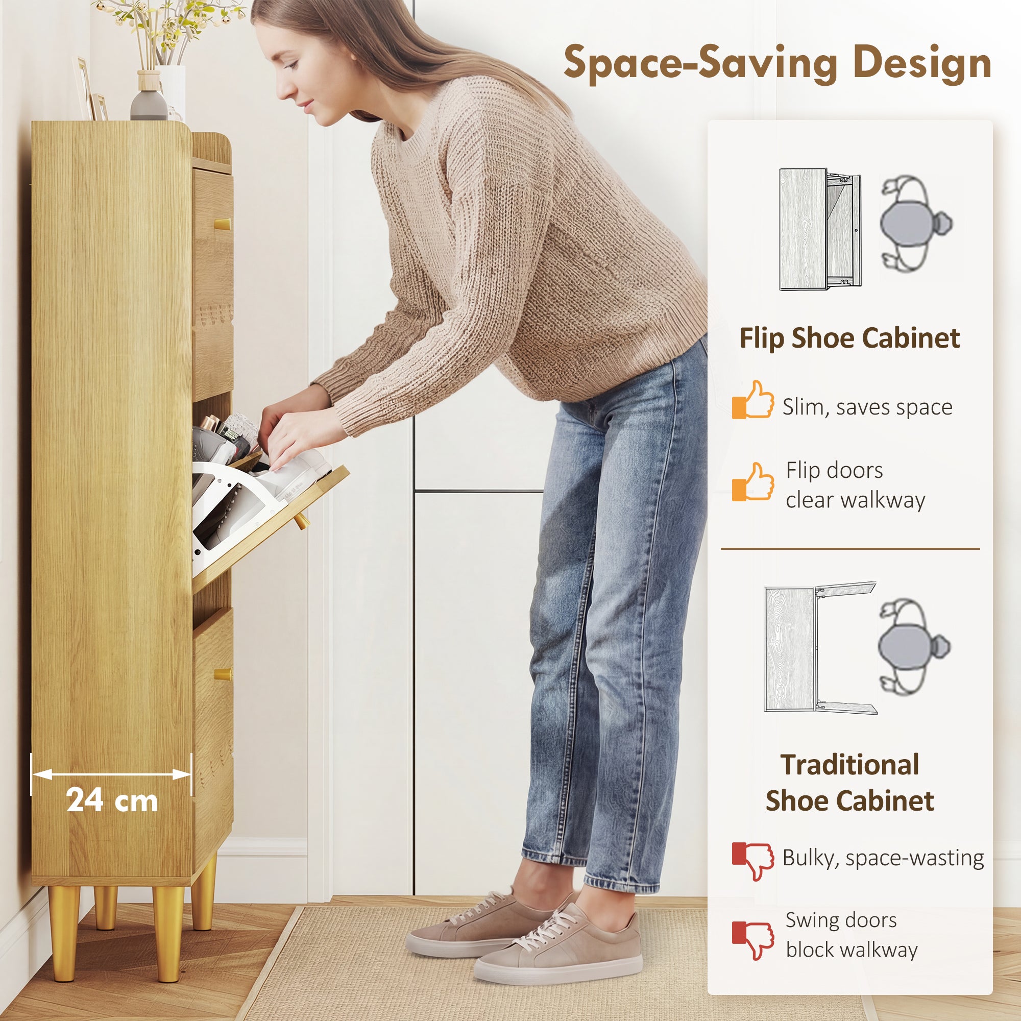 HOMCOM Narrow Shoe Cabinet, Modern Shoe Storage Cabinet with 3 Flip Drawers, Oak