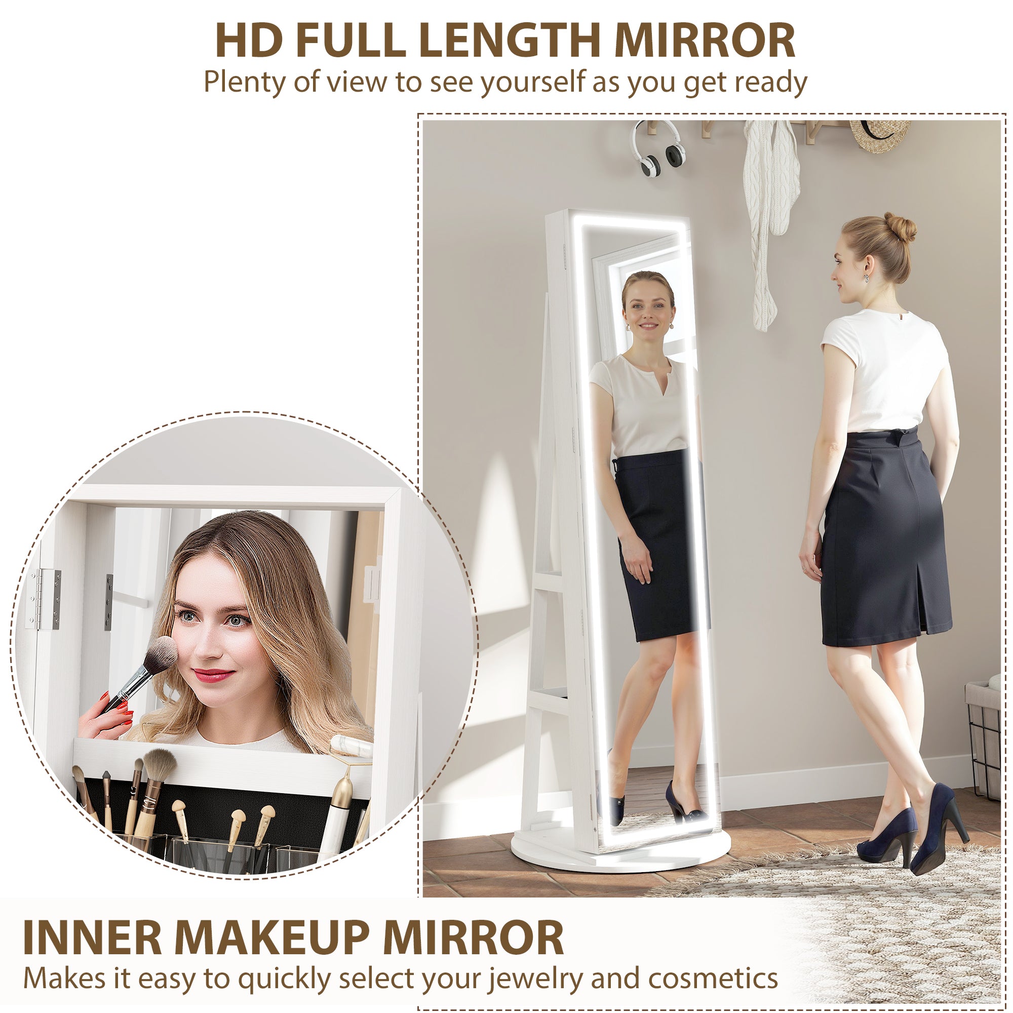 HOMCOM 360° Swivel Mirror Jewellery Cabinet with 3 Colour LED Lights, Lockable Jewellery Organiser, Free Standing Full Length Mirror with Storage for Earrings, Necklaces, Rings and Lipsticks, White