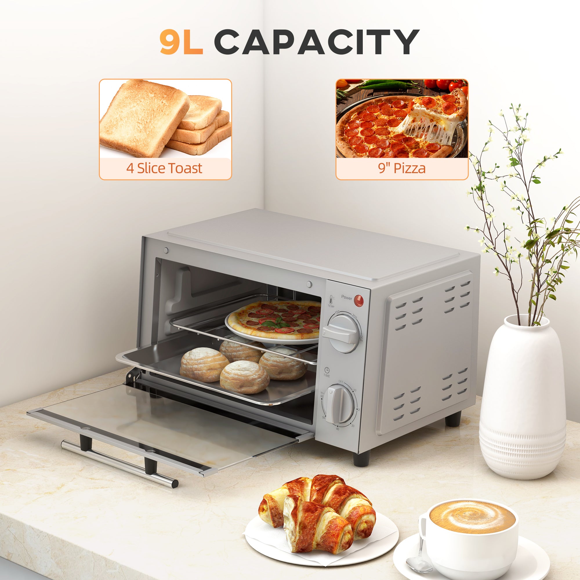 HOMCOM Mini Oven, 9L Countertop Electric Grill, Toaster Oven with Adjustable Temperature, Timer, Dishwasher Safe Baking Tray and Wire Rack, 750W, Silver - North Peak Garden Furniture