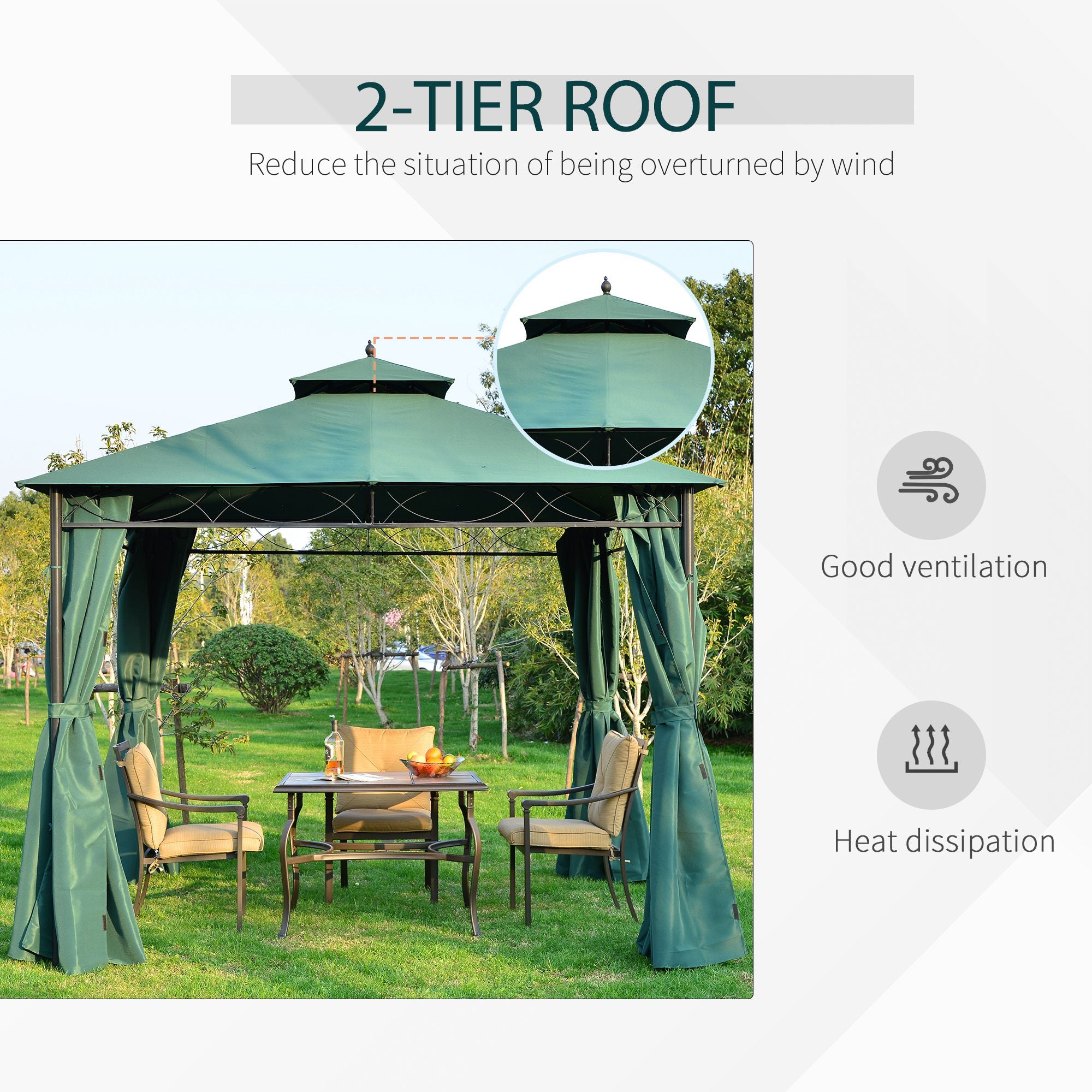 Outsunny 3(m) x 3(m) Metal Garden Gazebo Marquee Party Tent Patio Canopy Pavilion + Sidewalls - Green - North Peak Garden Furniture