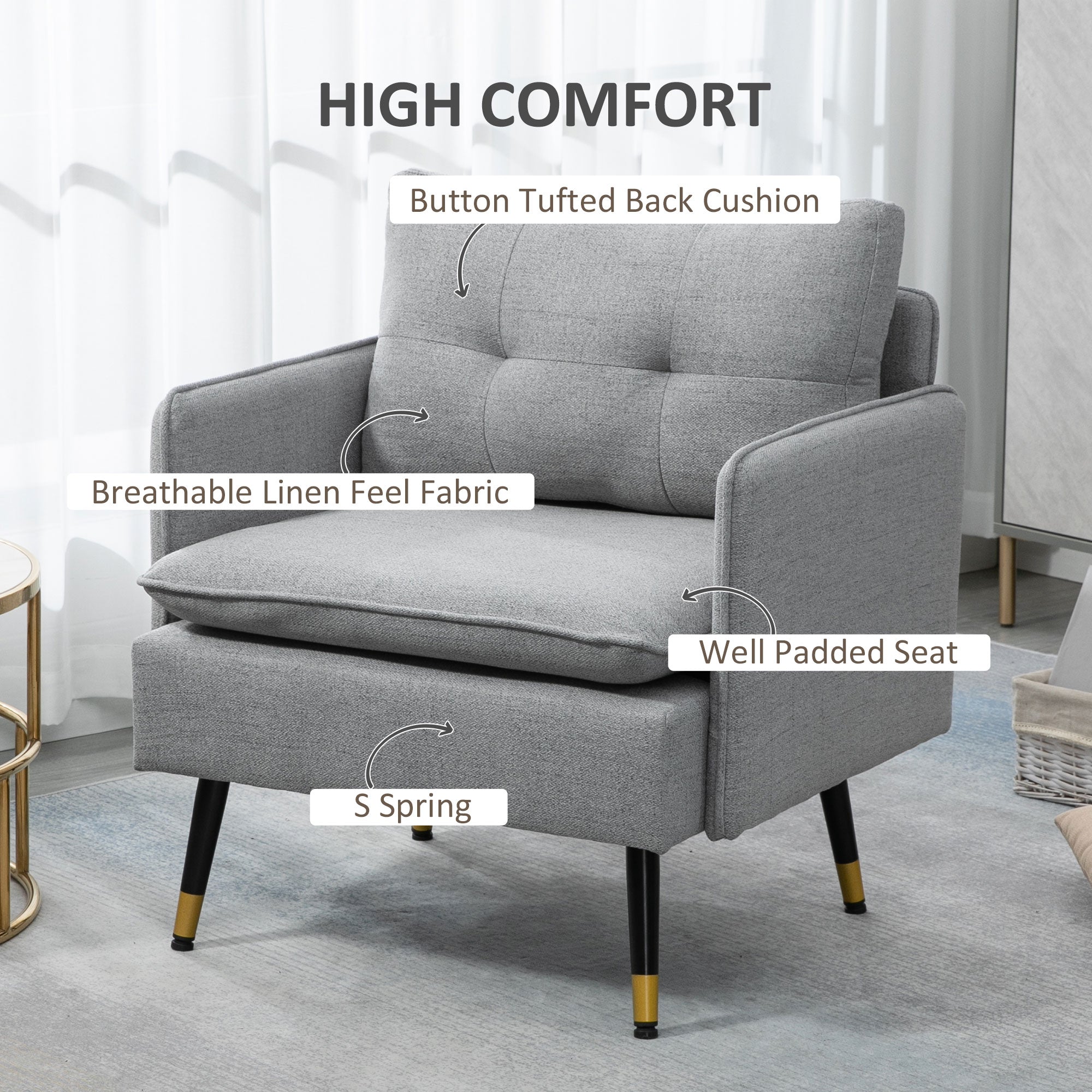 HOMCOM Modern Accent Chair, Upholstered Button Tufted Occasional Chair for Living Room and Bedroom, Grey - North Peak Garden Furniture
