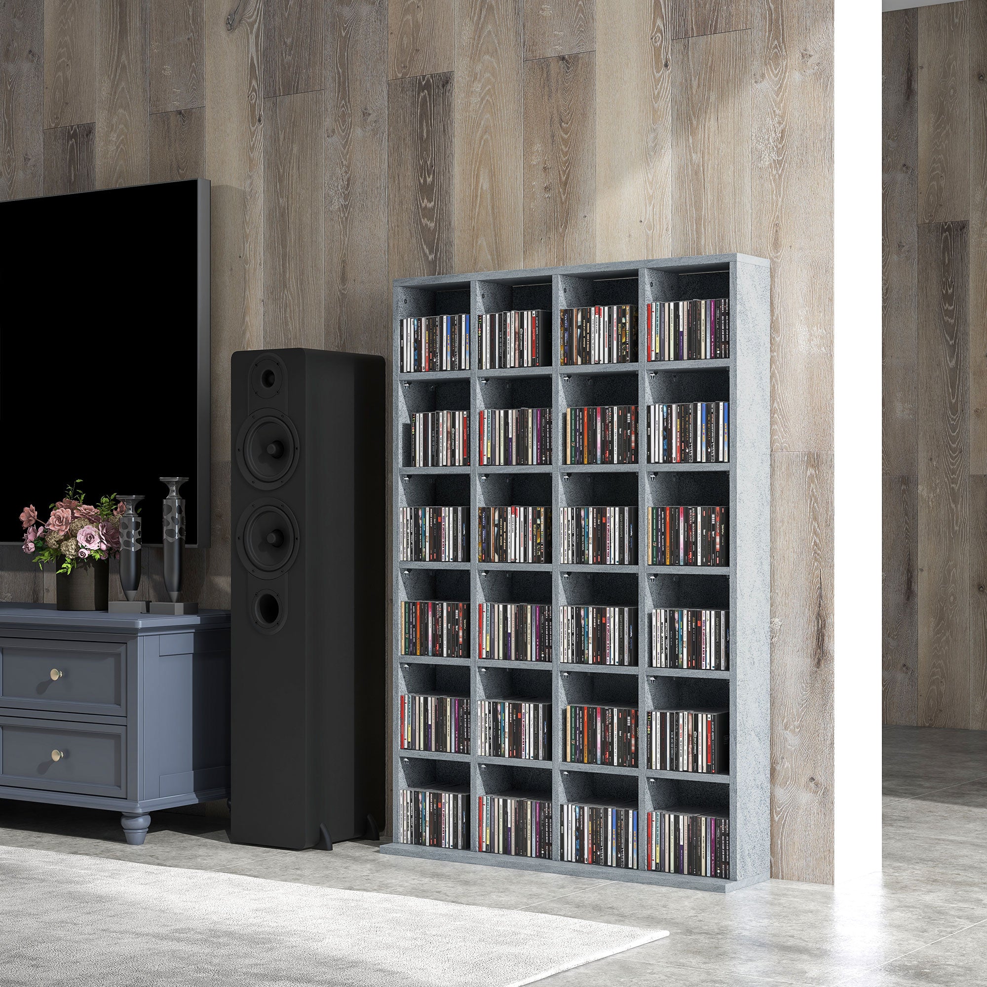 HOMCOM CD Storage Unit with Adjustable Shelves, 89 x 130.5 cm, Cement Grey - North Peak Garden Furniture
