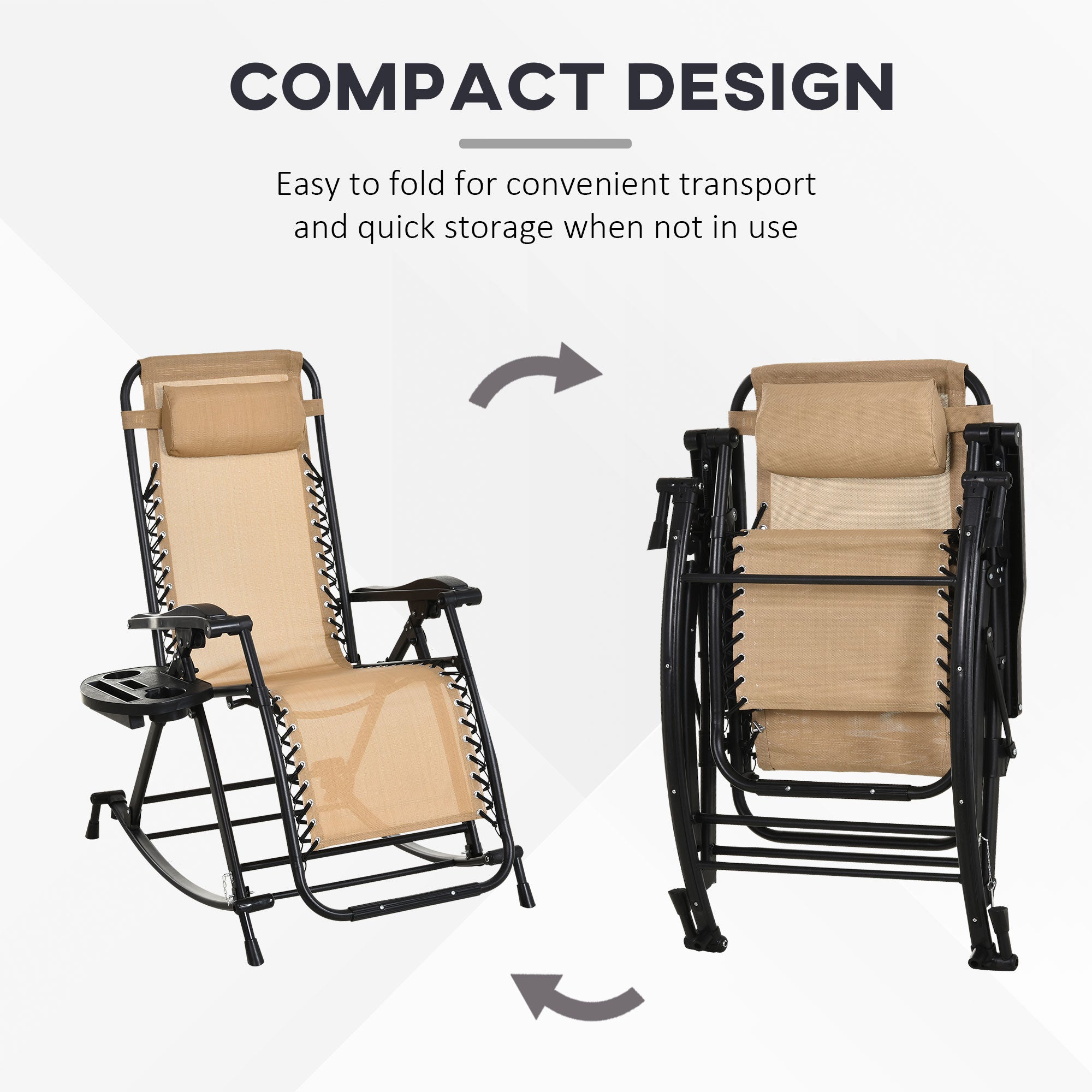 Outsunny Garden Rocking Chair Folding Recliner Outdoor Adjustable Sun Lounger Rocker Zero-Gravity Seat with Headrest Side Holder Patio Deck - Beige - North Peak Garden Furniture