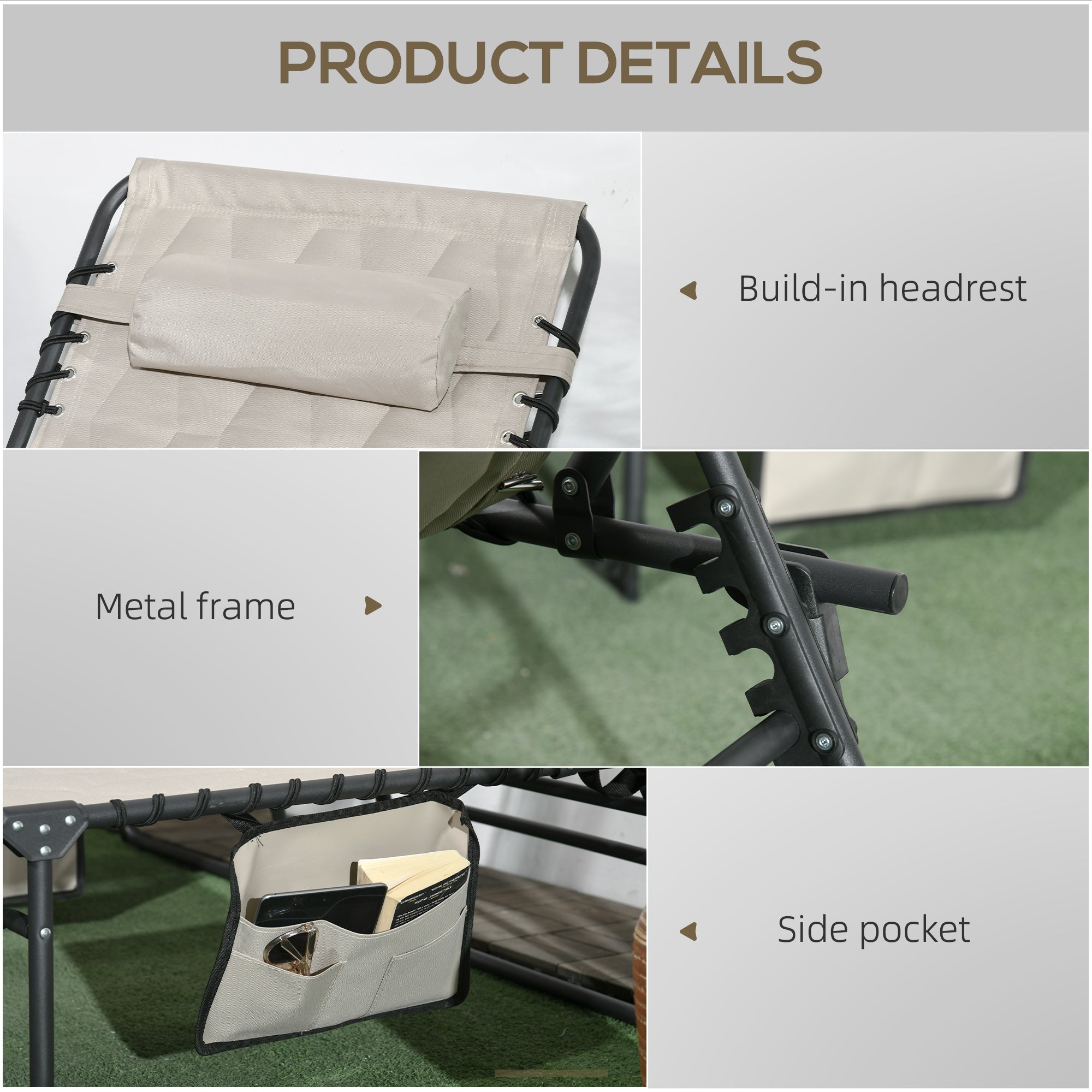 Outsunny Set of Two Sun Loungers, with Five-Position Reclining Backs - Khaki - North Peak Garden Furniture