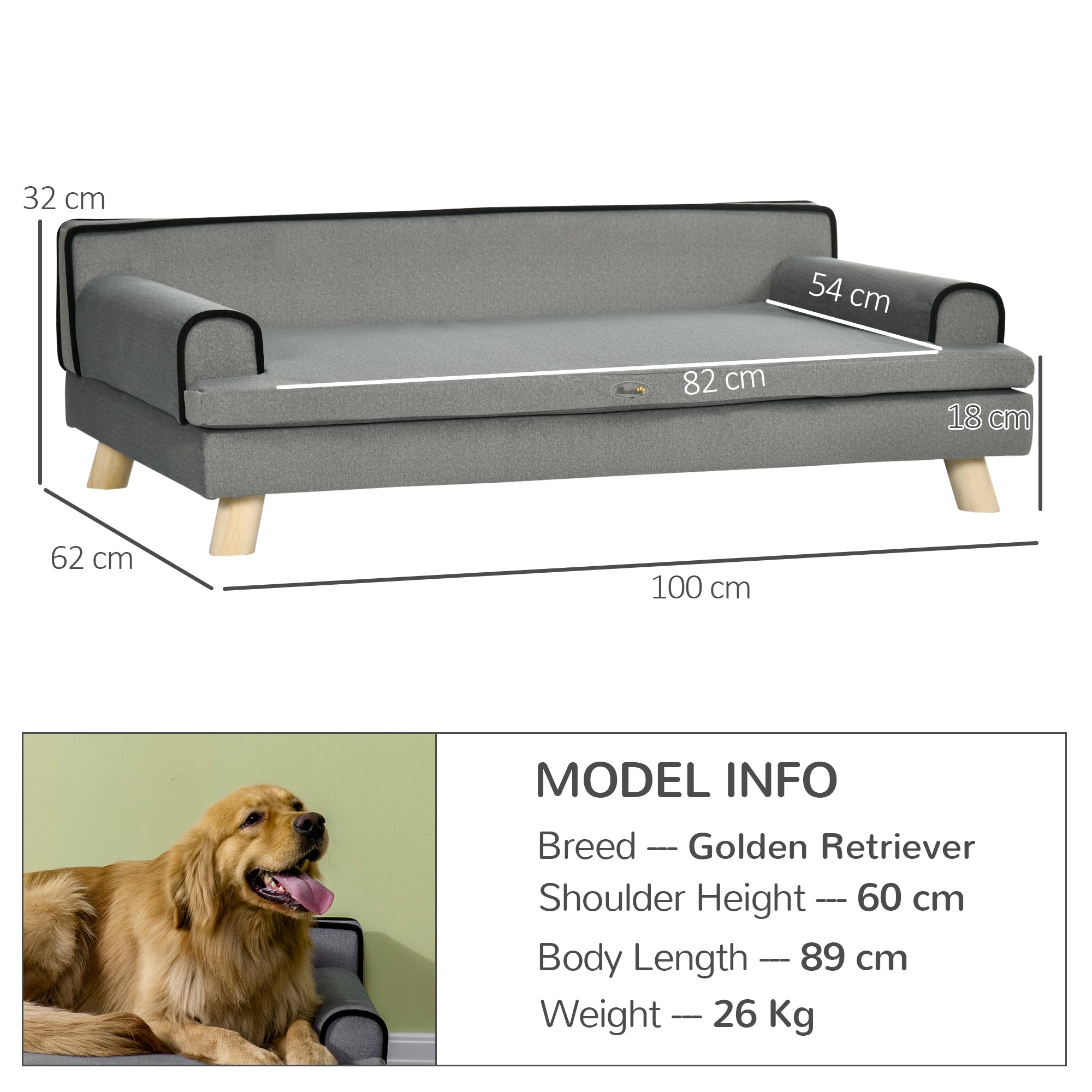 PawHut Dog Sofa, with Wooden Legs, Water-Resistant Fabric, for Medium & Large Dogs - Grey - North Peak Garden Furniture