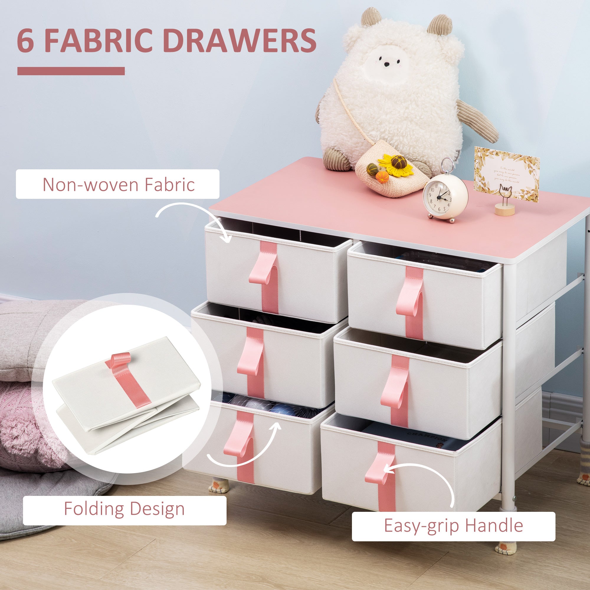 HOMCOM Chest of Drawers, Cloth Organizer Unit with 6 Fabric Drawers, Metal Frame and Wooden Top, Storage Cabinet for Kids Room, Living Room, Closet, Hallway, Pink