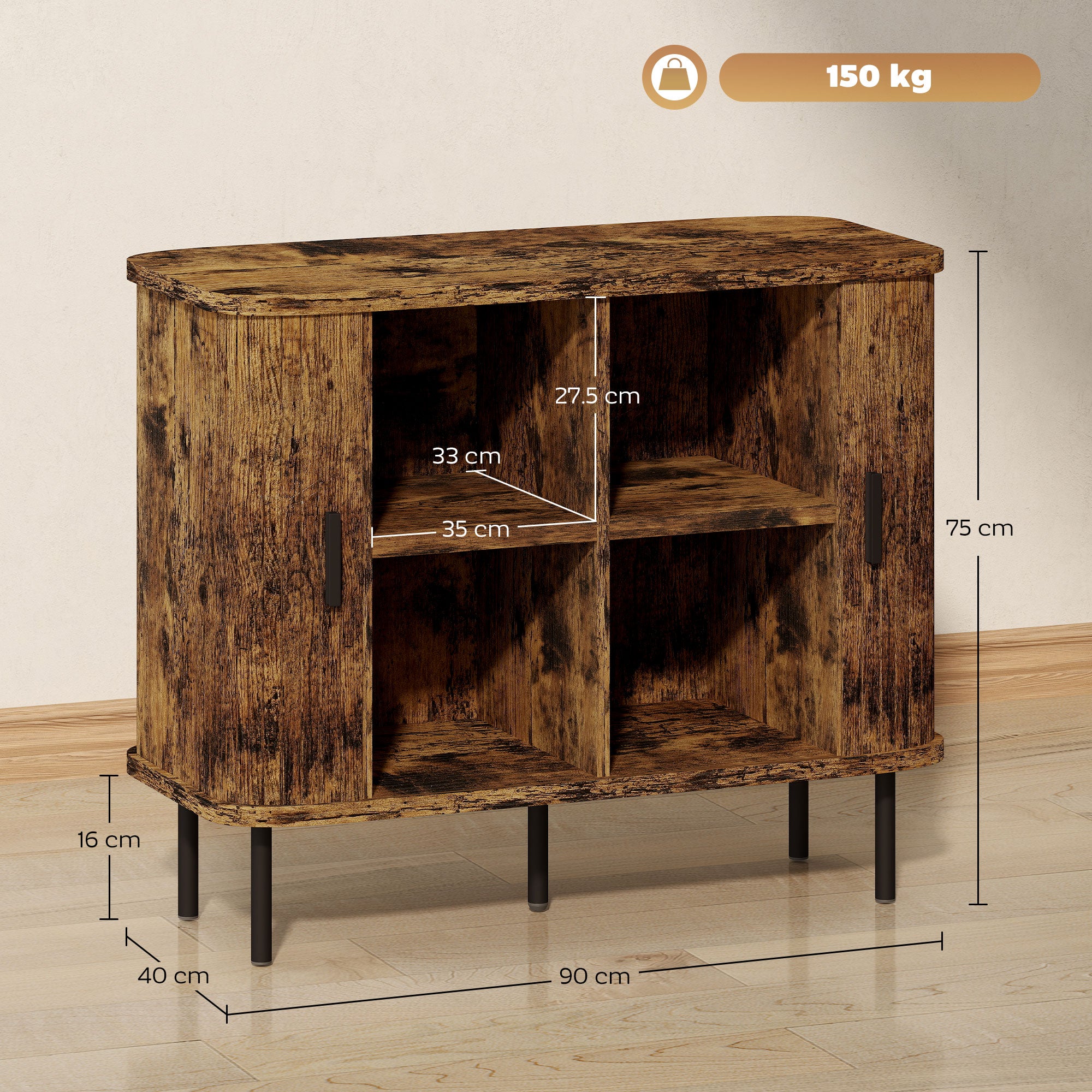 HOMCOM Mid-Century Modern Sideboard Storage Cabinet with Slatted Tambour Sliding Doors, Kitchen Cabinet with Steel Legs, Rustic Brown