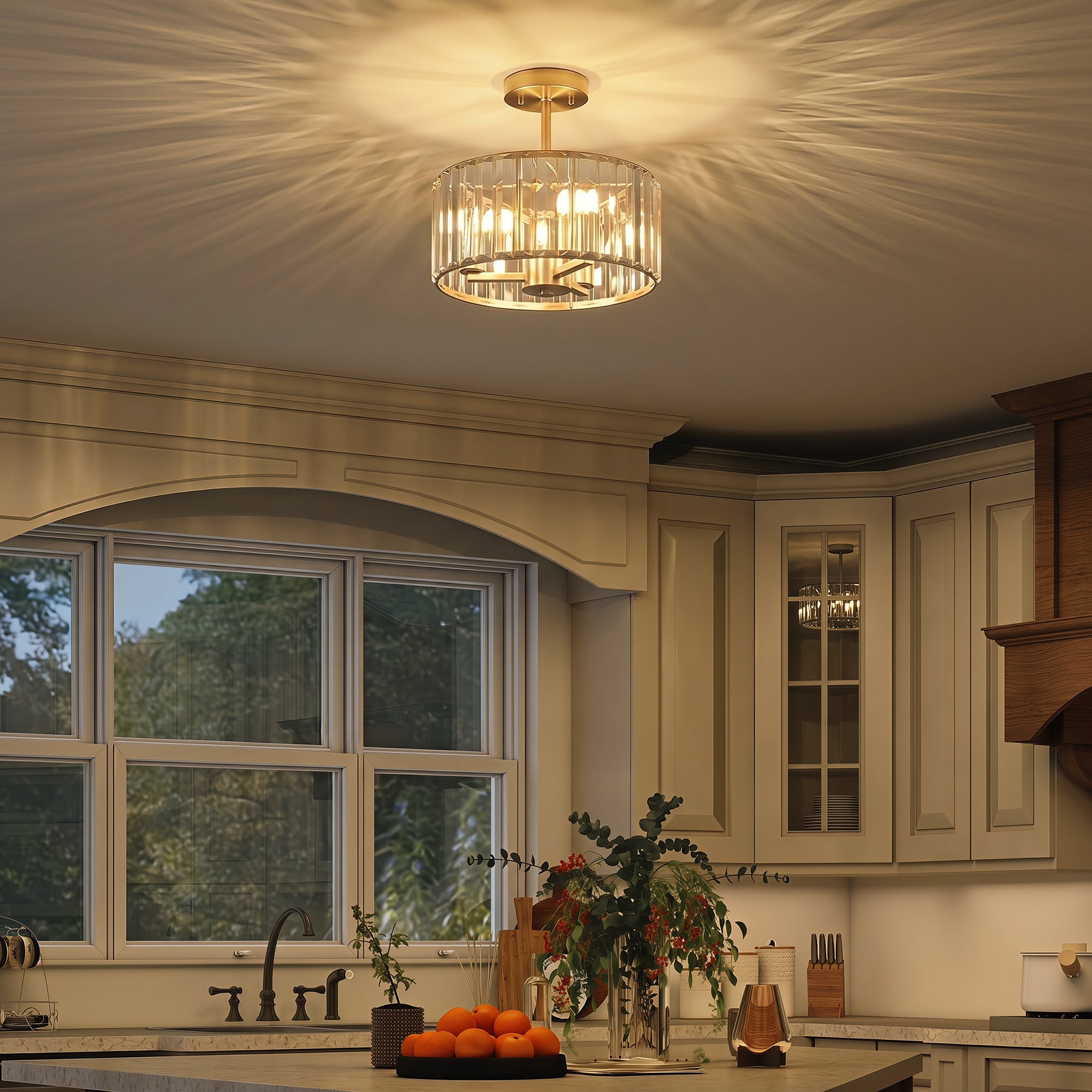 HOMCOM Semi Flush Mount Modern Crystal Chandelier Ceiling Light, Crystal Ceiling Light Fixture with E14 Base, Gold