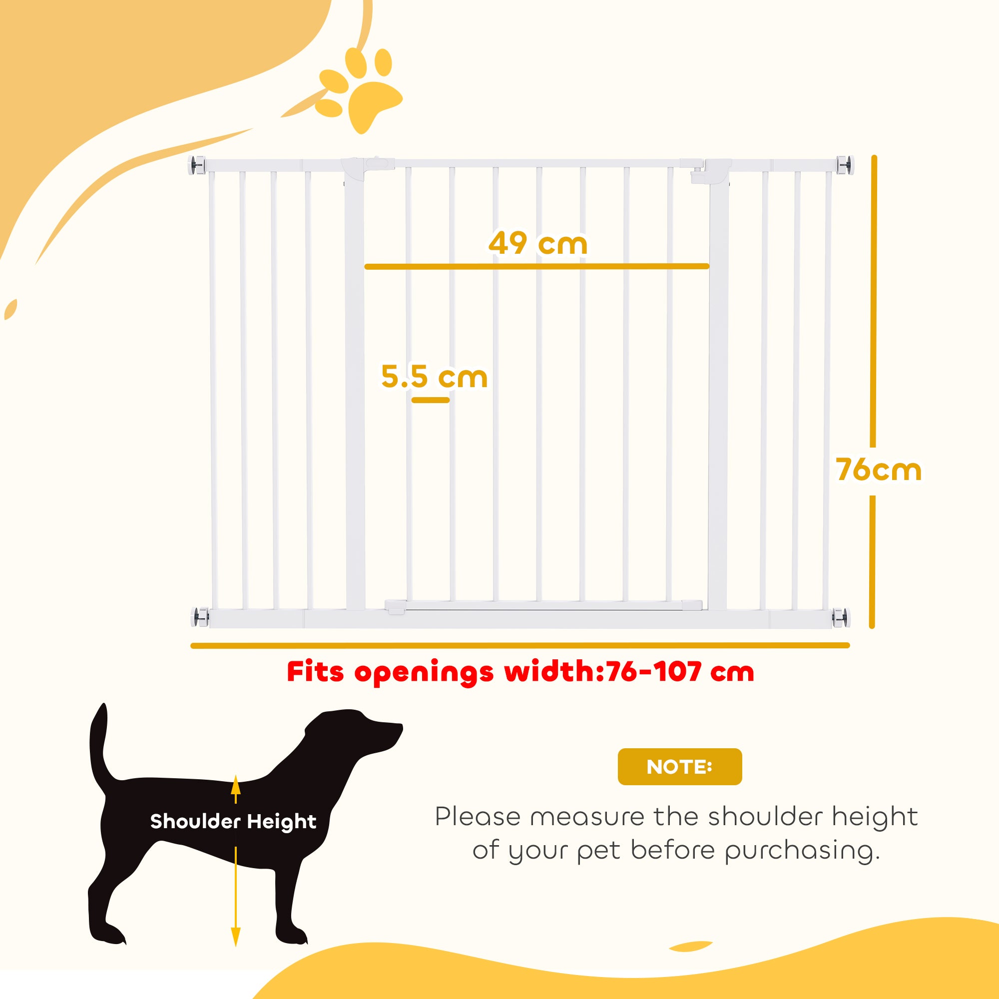 PawHut Dog Gate Pet Safety Gate Stair Barrier Pressure Fit Adjustable 76-82/86-97/101-107 cm, White - North Peak Garden Furniture
