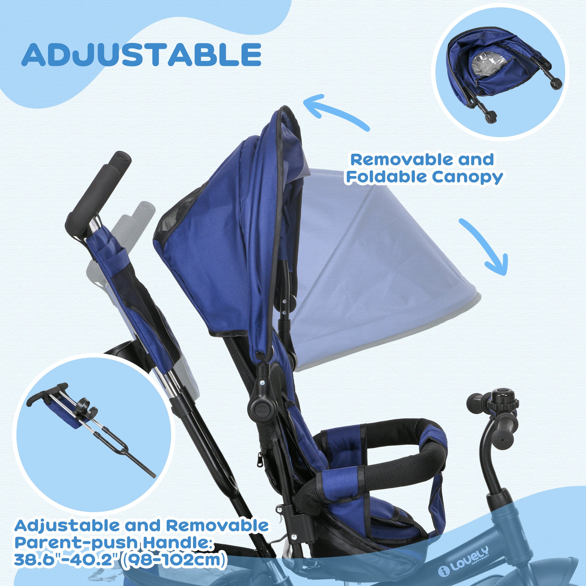 HOMCOM 6 in 1 Kids Trike Push Bike w/ Push Handle, Canopy, 5-point Safety Belt, Storage, Footrest, Brake, for 1-5 Years, Blue - North Peak Garden Furniture