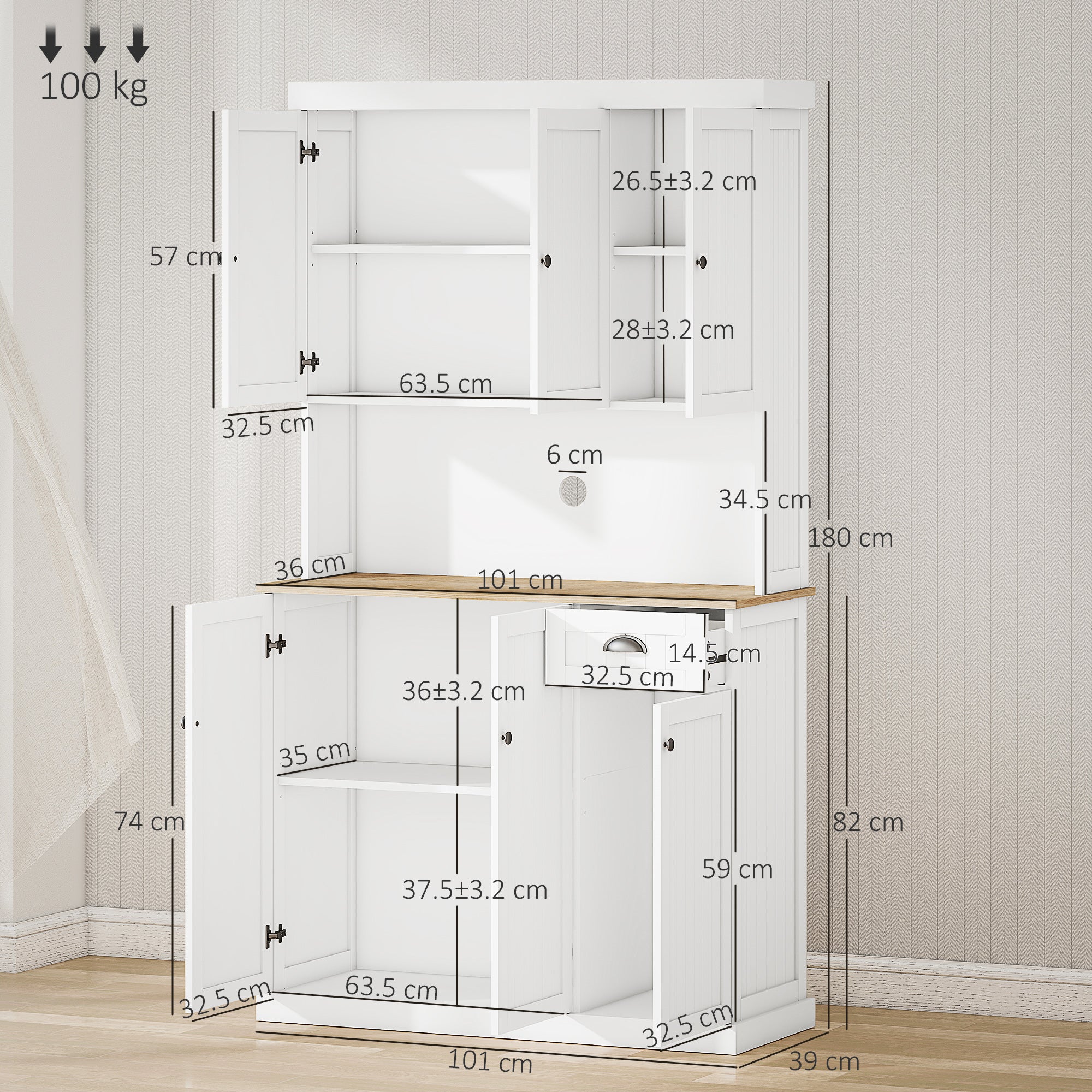 HOMCOM 180cm Freestanding Kitchen Cabinet, Modern Storage Cupboard with Open Countertop, Drawer and 6 Doors - North Peak Garden Furniture