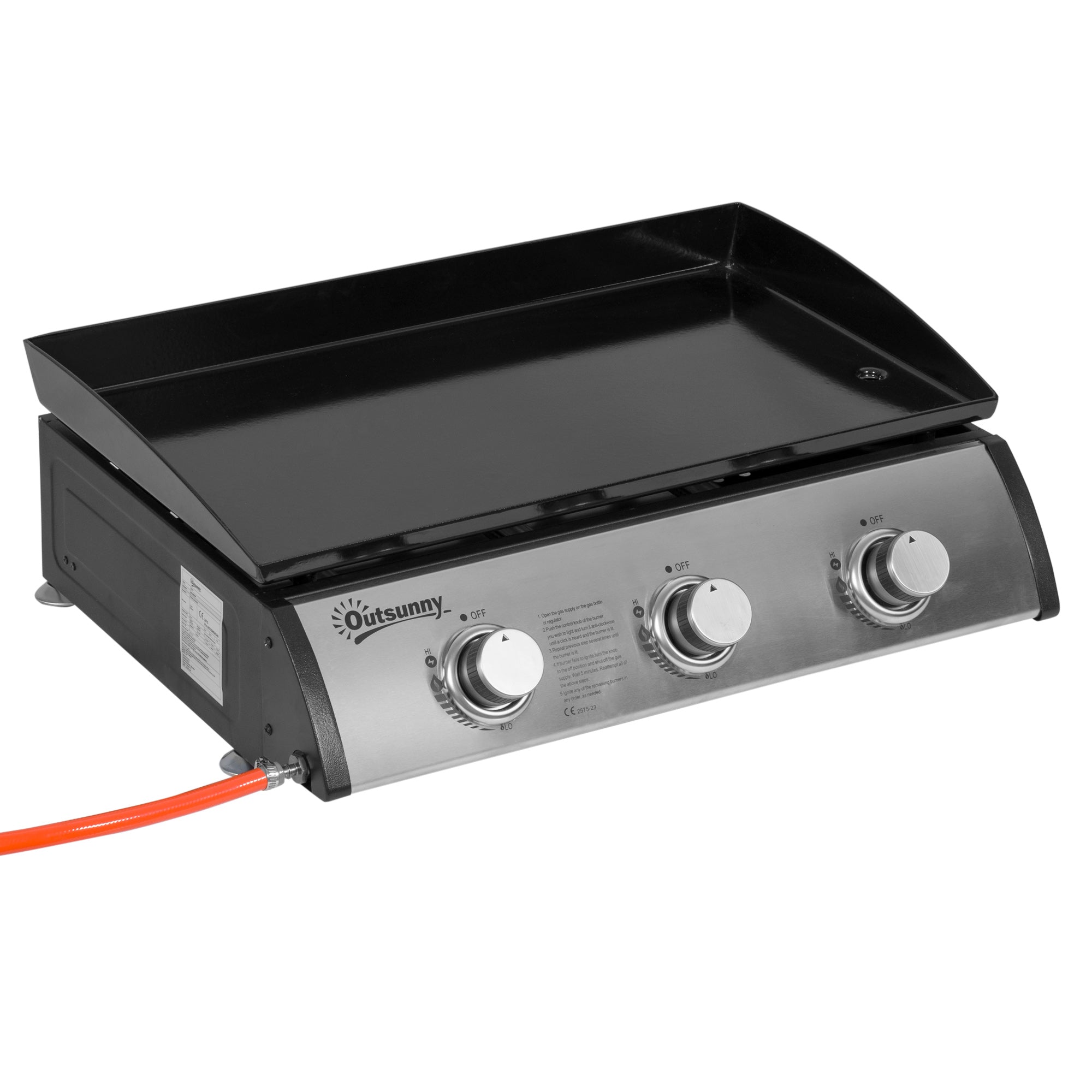 Outsunny Gas Plancha Grill with 3 Stainless Steel Burner, 9kW, Portable Tabletop Gas BBQ with Non-Stick Griddle for Camping Picnic Garden Party Festival - North Peak Garden Furniture