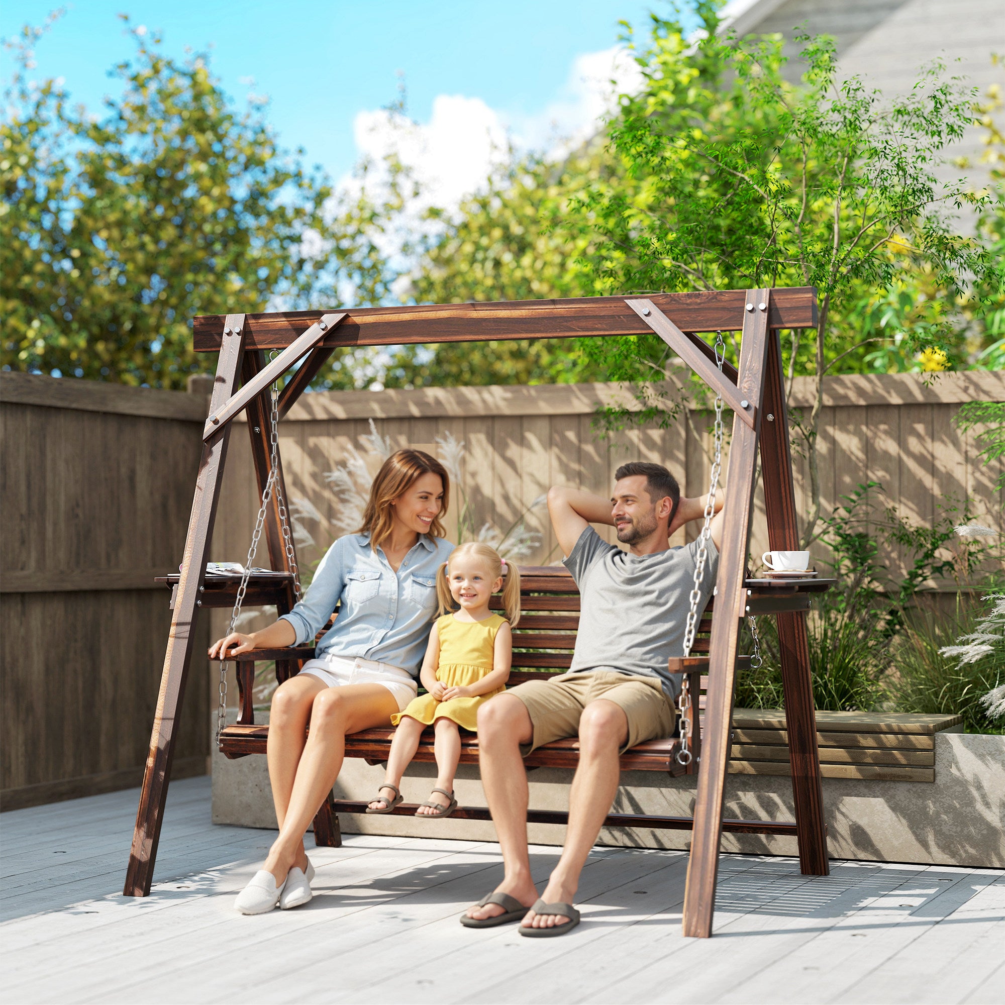 Outsunny Three-Seater Wooden Swing Bench