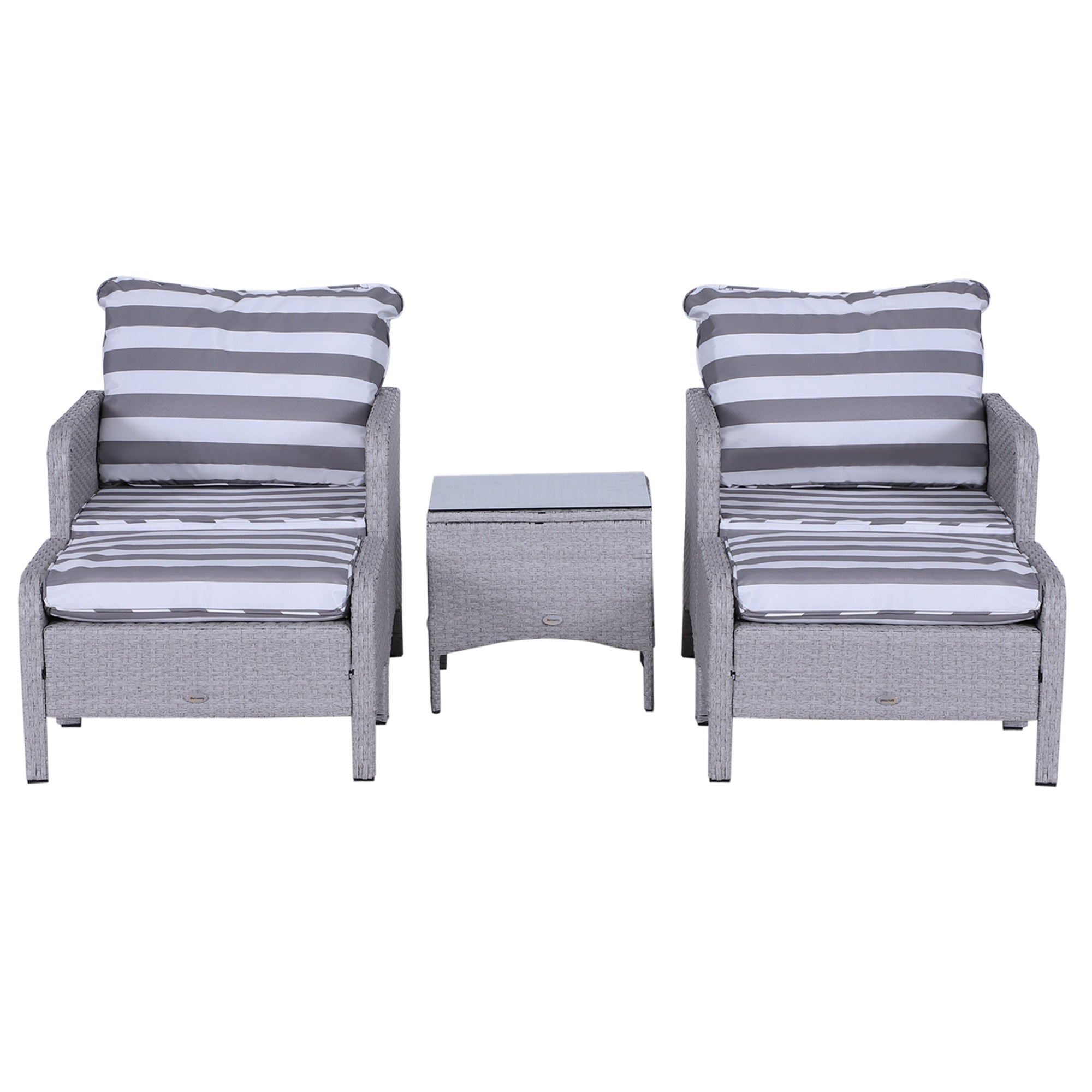 Outsunny 5 Pieces PE Rattan Garden Furniture Set with 10cm Thick Padded Cushions, Wicker Weave Outdoor Seating Chairs with 2 Armchairs, 2 Stools, Glass Top Table, Grey and White - North Peak Garden Furniture