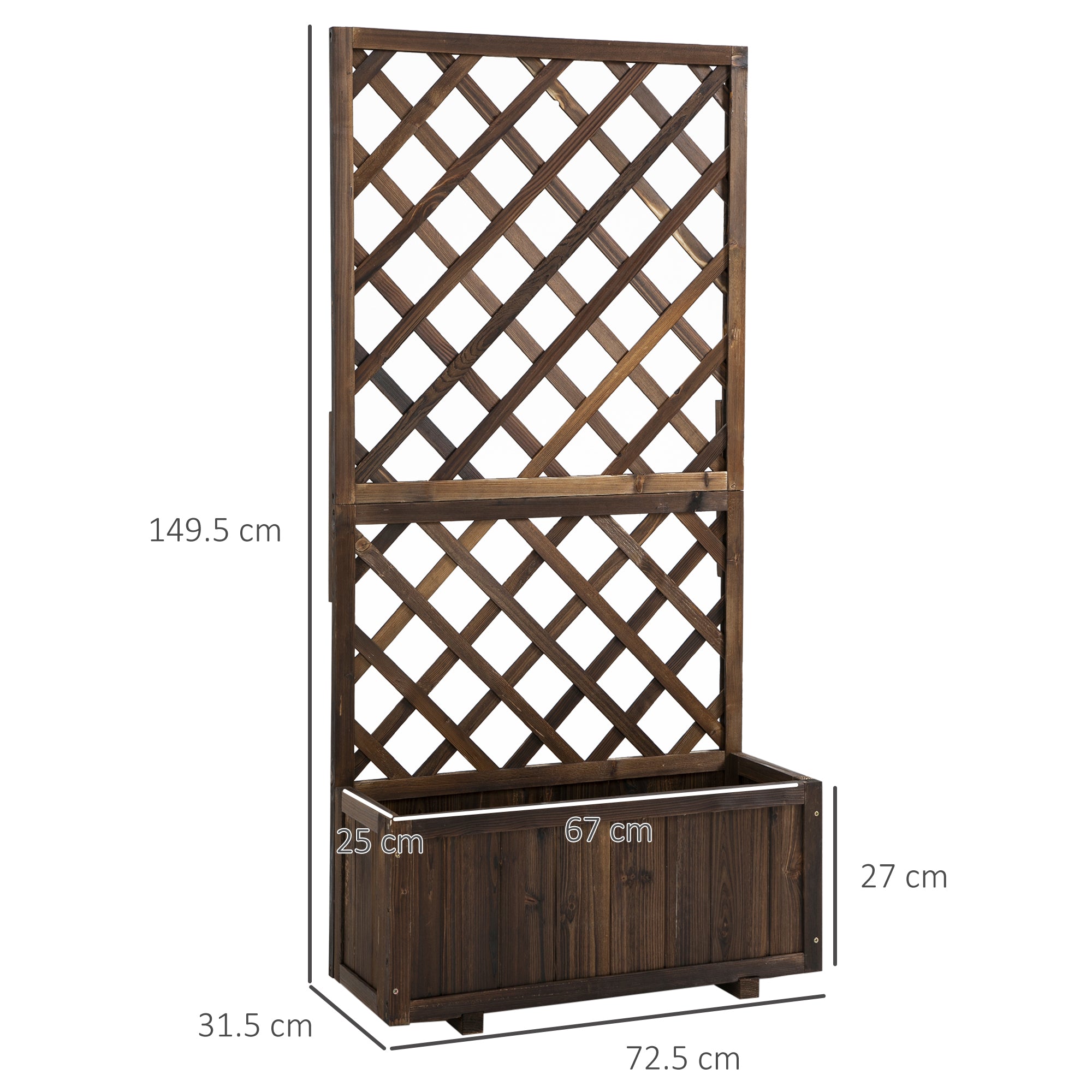 Outsunny 72.5 x 31.5 x 149.5 cm 45L Garden Wooden Pine Trough Planter with Topped Trellis Climbing Plants Flower Raised Bed, Carbonised Finish - North Peak Garden Furniture