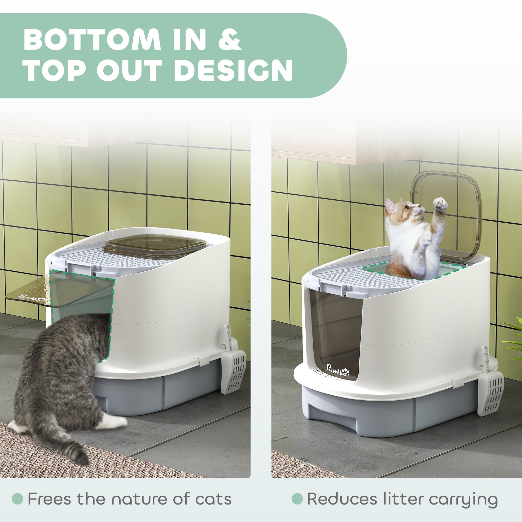 PawHut Cat Litter Box with Lid, Scoop, Deodorization Bags, Top Entry, Cat Toilet Easy Clean with Drawer Pan, Grey