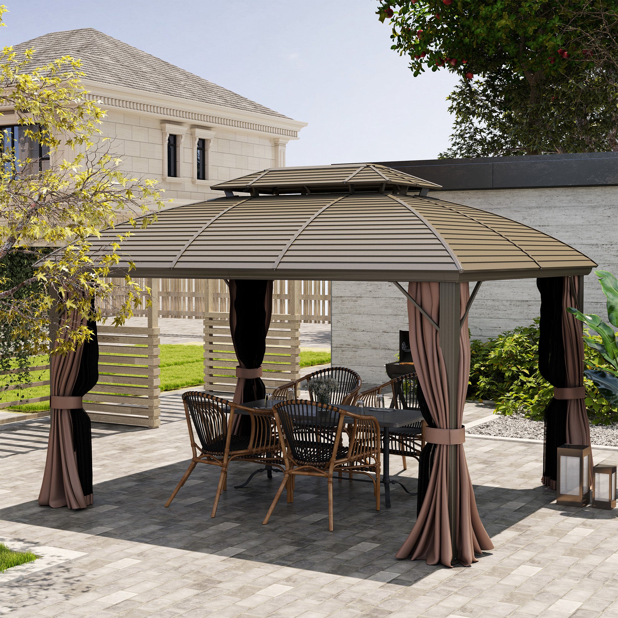 Outsunny 3.65 x 3(m) Hardtop Steel Gazebo Canopy with Aluminium Frame, Double Roof, Net Sidewalls and Curtains, Coffee - North Peak Garden Furniture