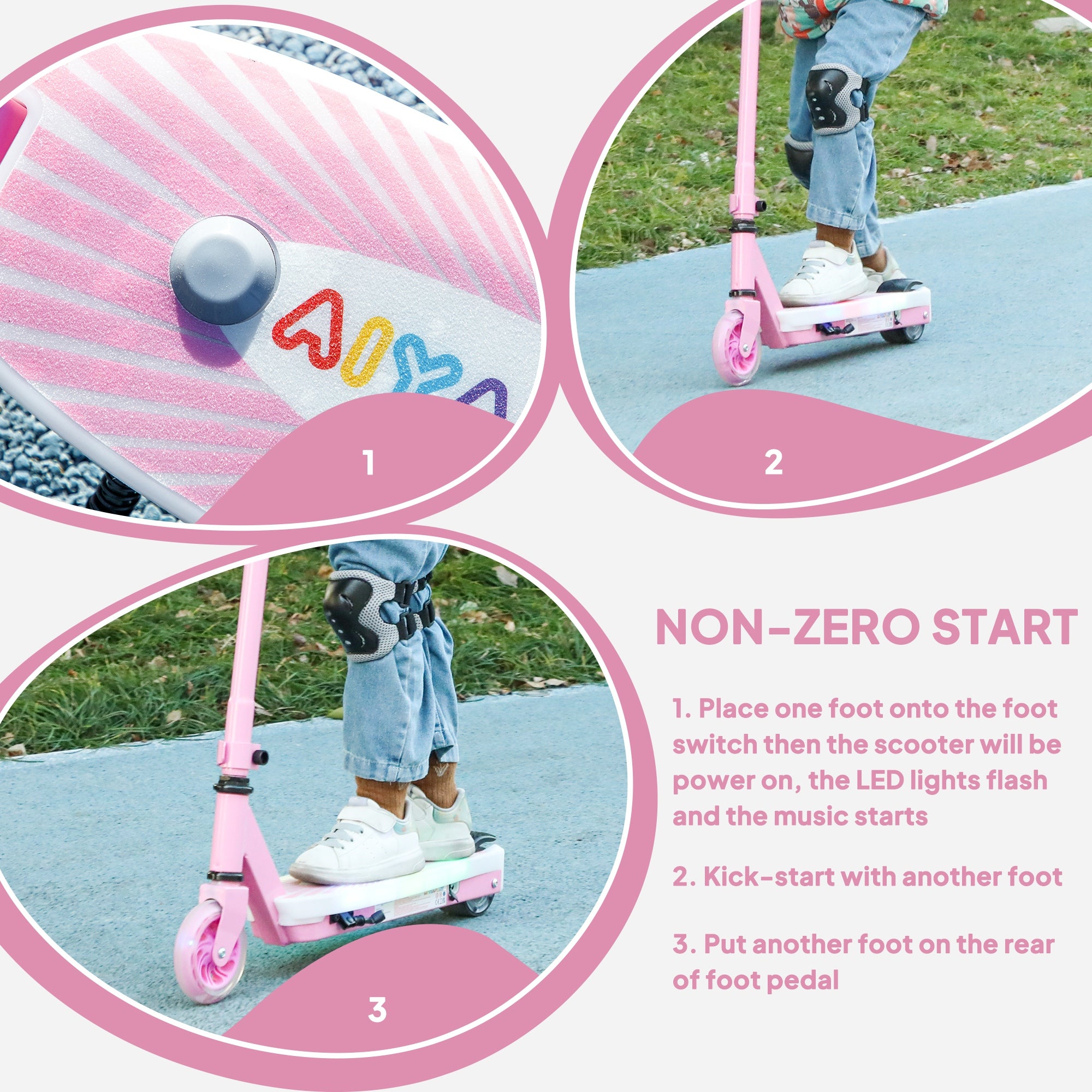 AIYAPLAY Electric Scooter for Kids Ages 4-7, with Auxiliary Rear Wheels, Flashing LED Light and Electric Brake, Kids Electric Scooter for Boys Girls, 6 KM/H & 8 KM, Pink - North Peak Garden Furniture