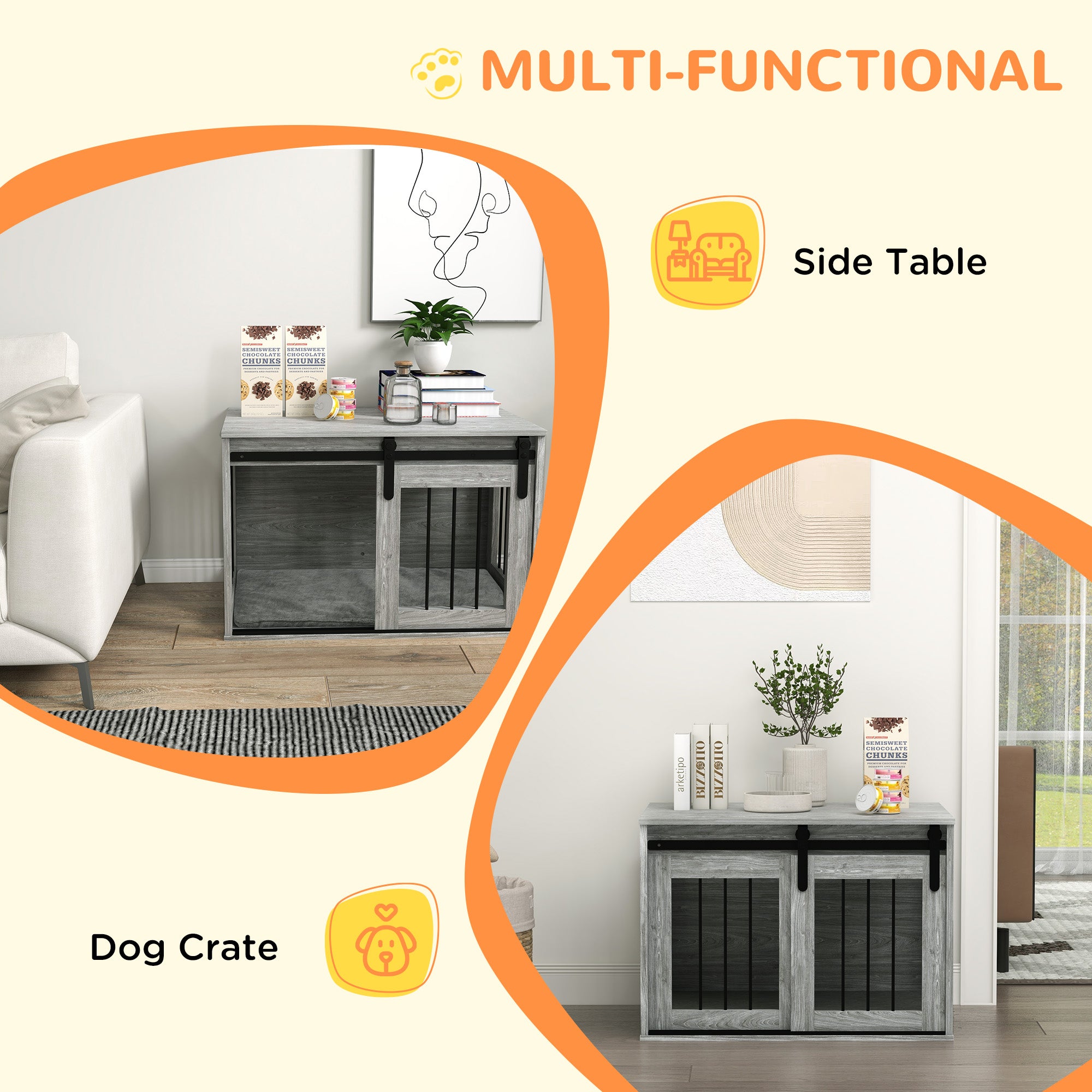 PawHut 80cm Dog Crate Furniture with Removable Cushion for Large Dogs- Grey - North Peak Garden Furniture