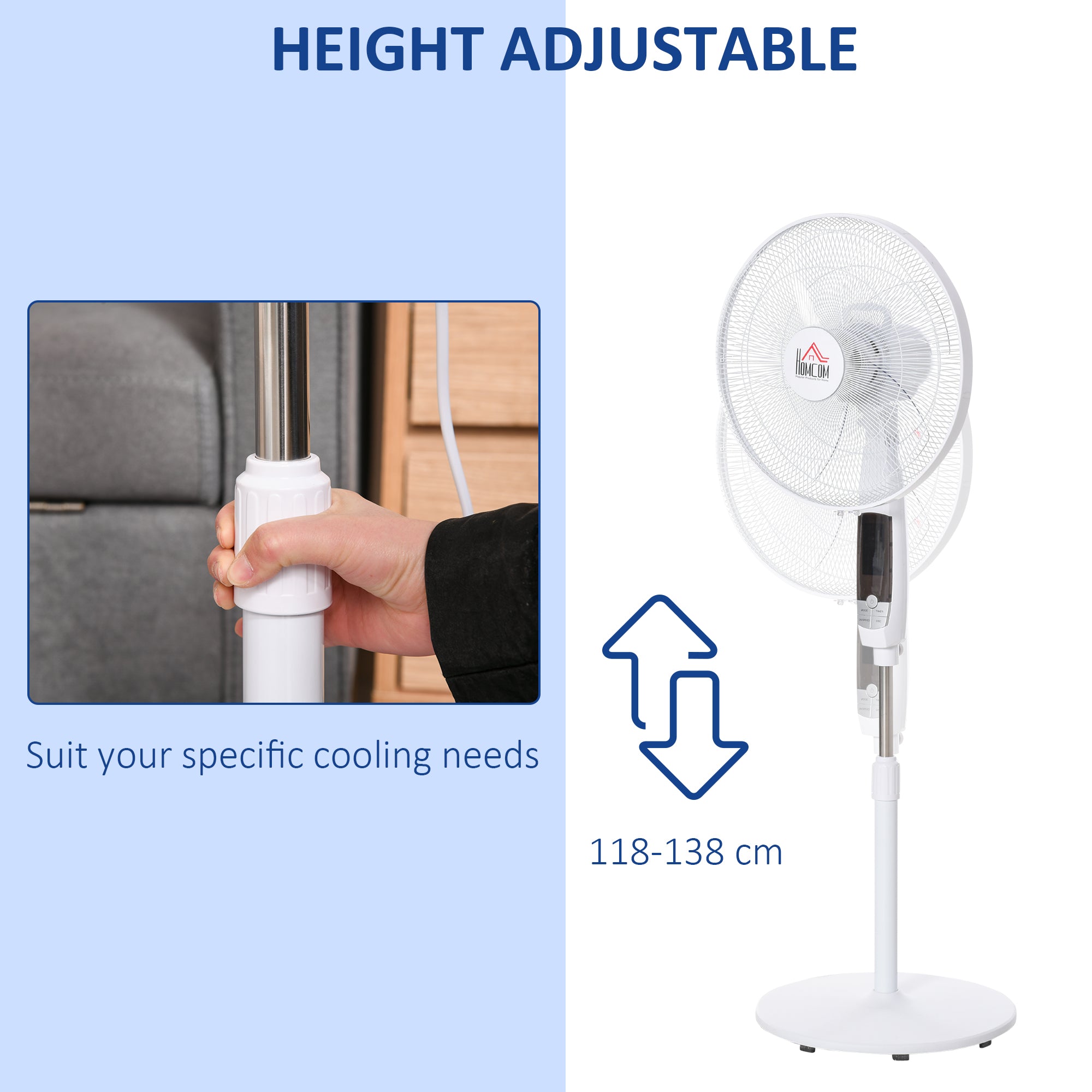 HOMCOM 16'' Pedestal Stand Fan, 3 Speed 3 Mode, 85° Oscillation, LED Panel, 3M Remote Controller, Height Adjustable for Living Room, Bedroom, Garage, Office, Black and White