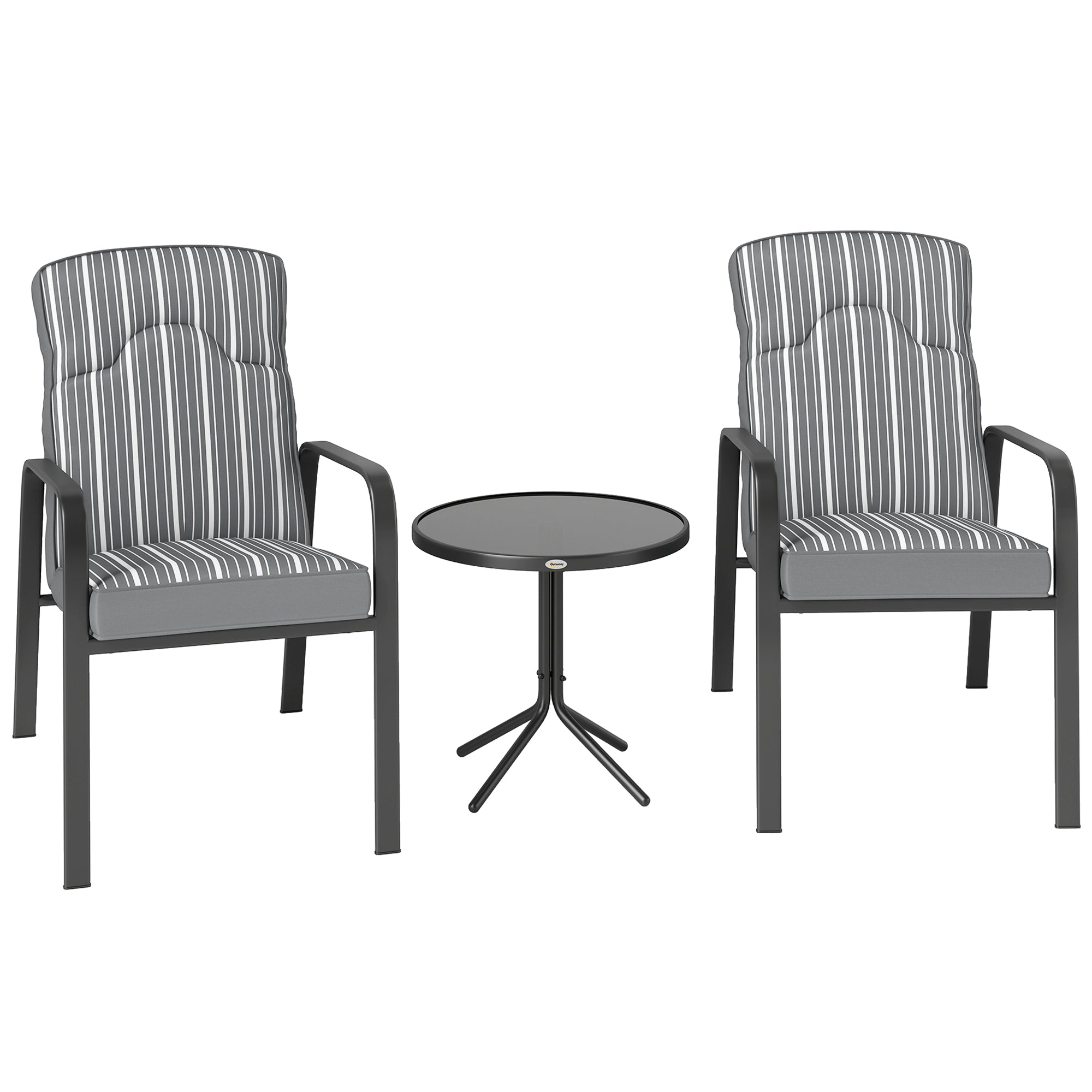 Outsunny 3-Piece Patio Bistro Set, 5-Position Adjustable Recliner Garden Chairs and Tempered Glass Table, Garden Furniture Set with Cushions, High Back, Armrests, Metal Frame for Balcony Patio, Grey - North Peak Garden Furniture