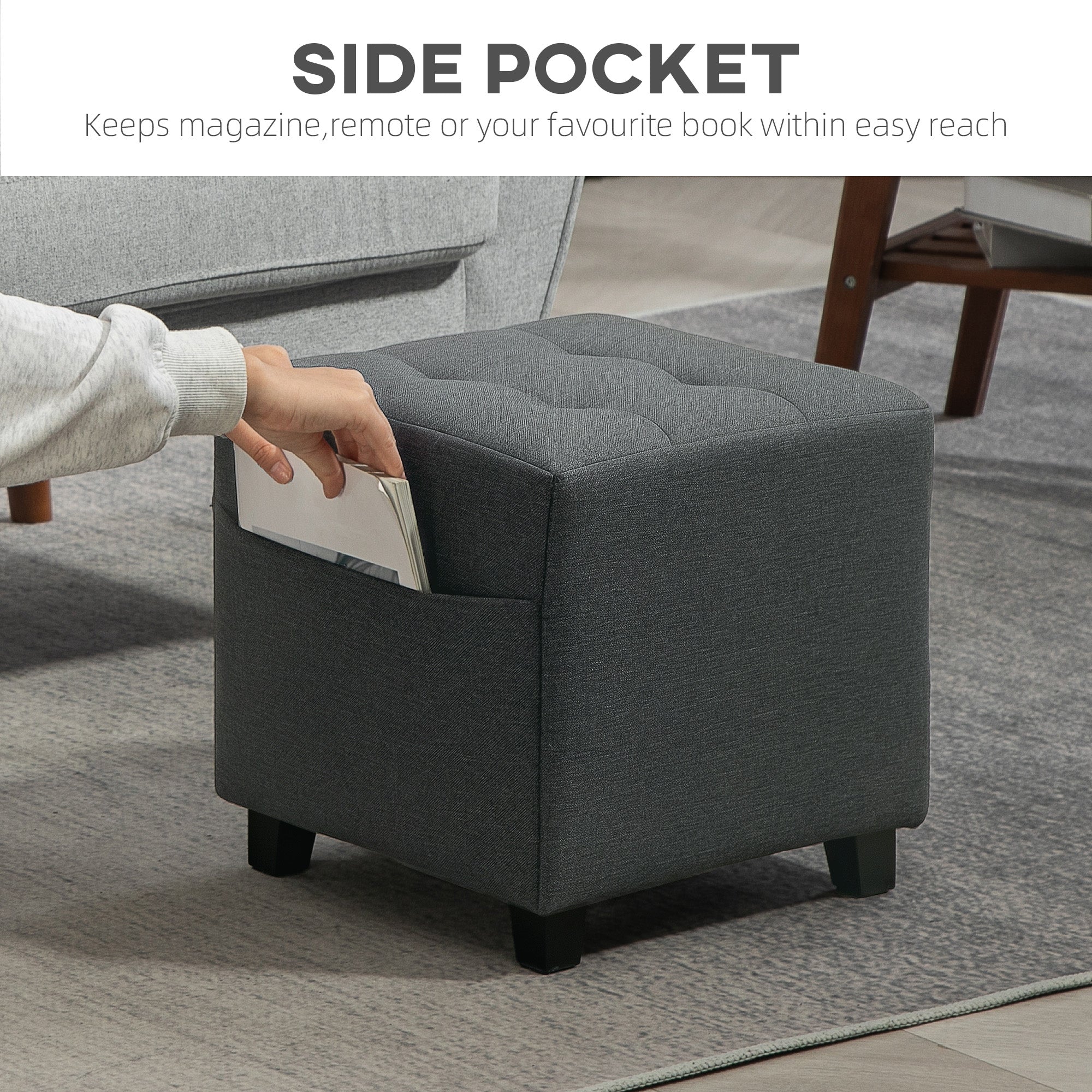 HOMCOM Square Footstool, Small Ottoman with Side Pocket, Linen Fabric Footrest Foot Stool with Rubber Wood Legs and Padded Seat for Living Room, Bedroom, Entryway, 35 x 35 x 35cm, Grey - North Peak Garden Furniture