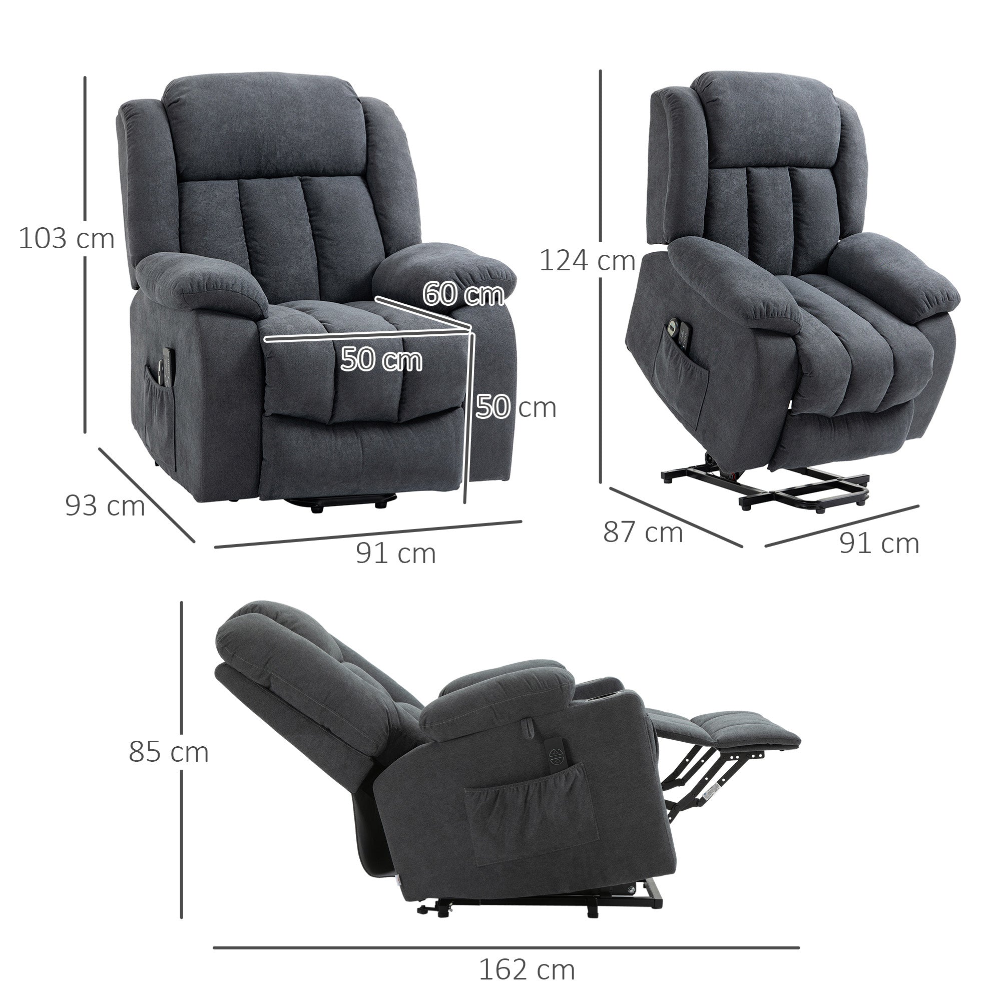 HOMCOM Oversized Riser and Recliner Chairs for the Elderly with 8 Vibration Massage, Large Fabric Upholstered Lift Chair for Living Room with Remote Control, Side Pocket, Footrest, Dark Grey