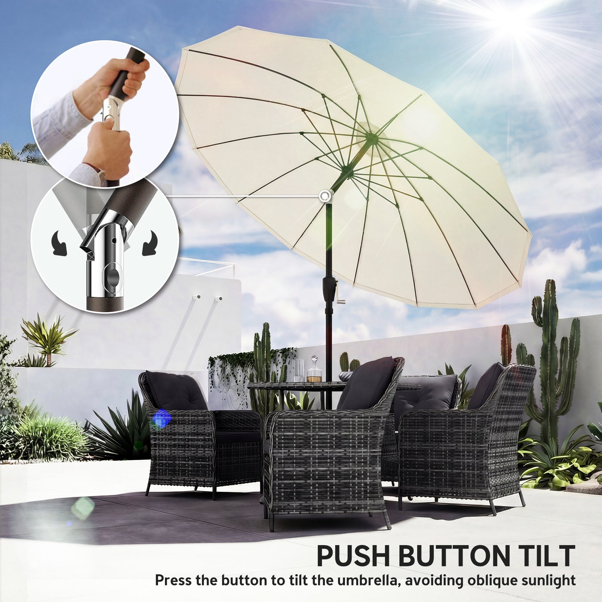 Outsunny 2 m Shanghai Garden Parasol Umbrella with 16 Fibreglass Ribs, Outdoor Parasol Sun Shade with Crank & Tilt, Cream White