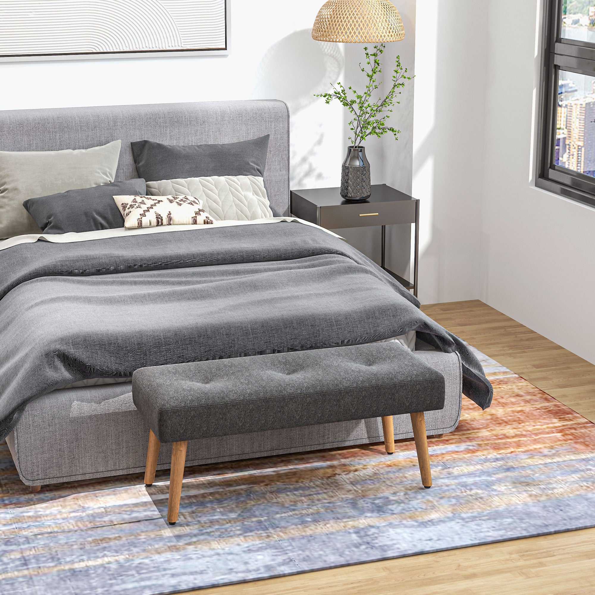 HOMCOM Multifunctional Bed End Bench Tufted Upholstered Shoe Bench Ottoman Footstool Linen Fabric for Entryway Living Room Grey - North Peak Garden Furniture