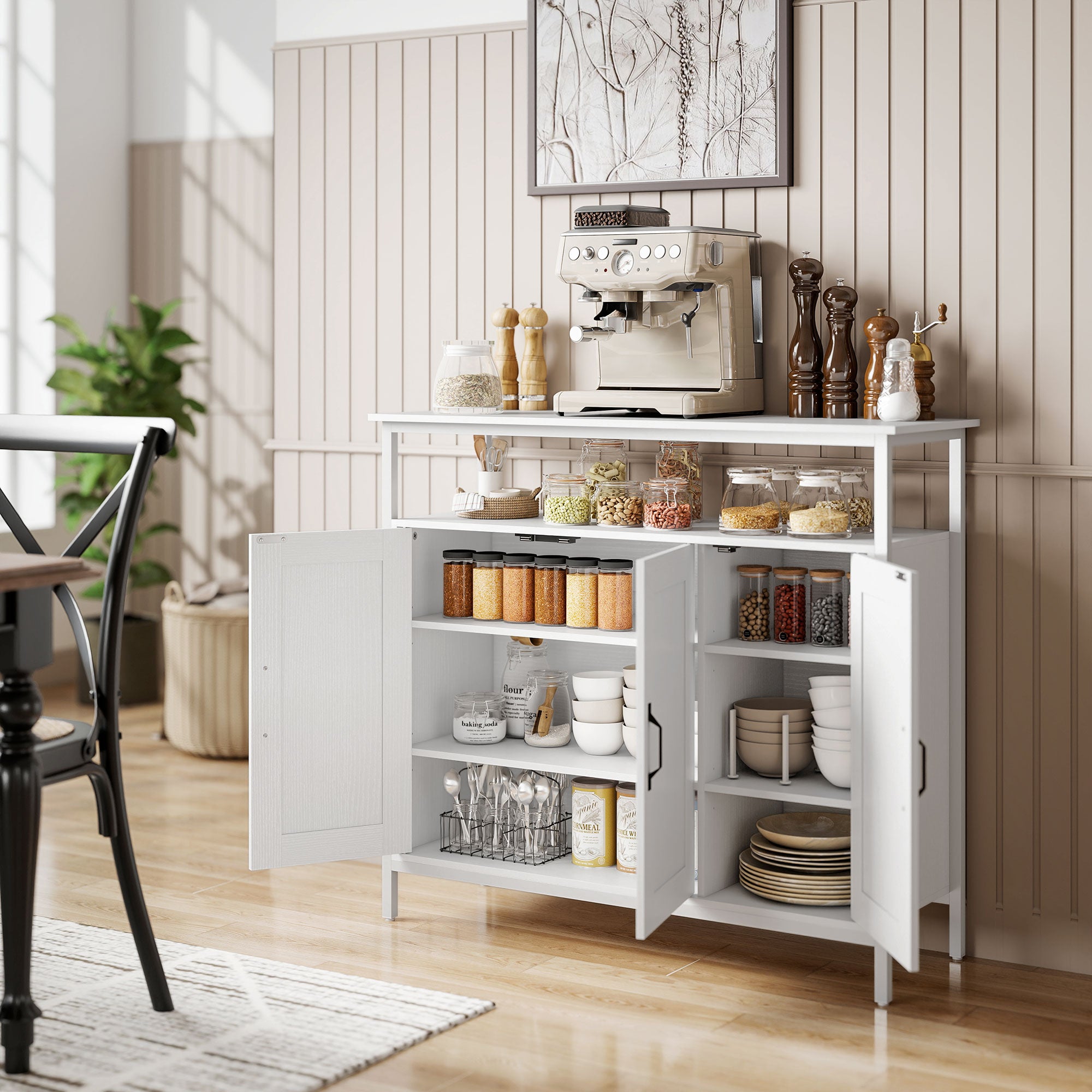 HOMCOM Industrial Kitchen Sideboard with Open Shelf, 2 Cabinets, Adjustable Shelves for Living Room, Dining Room, White