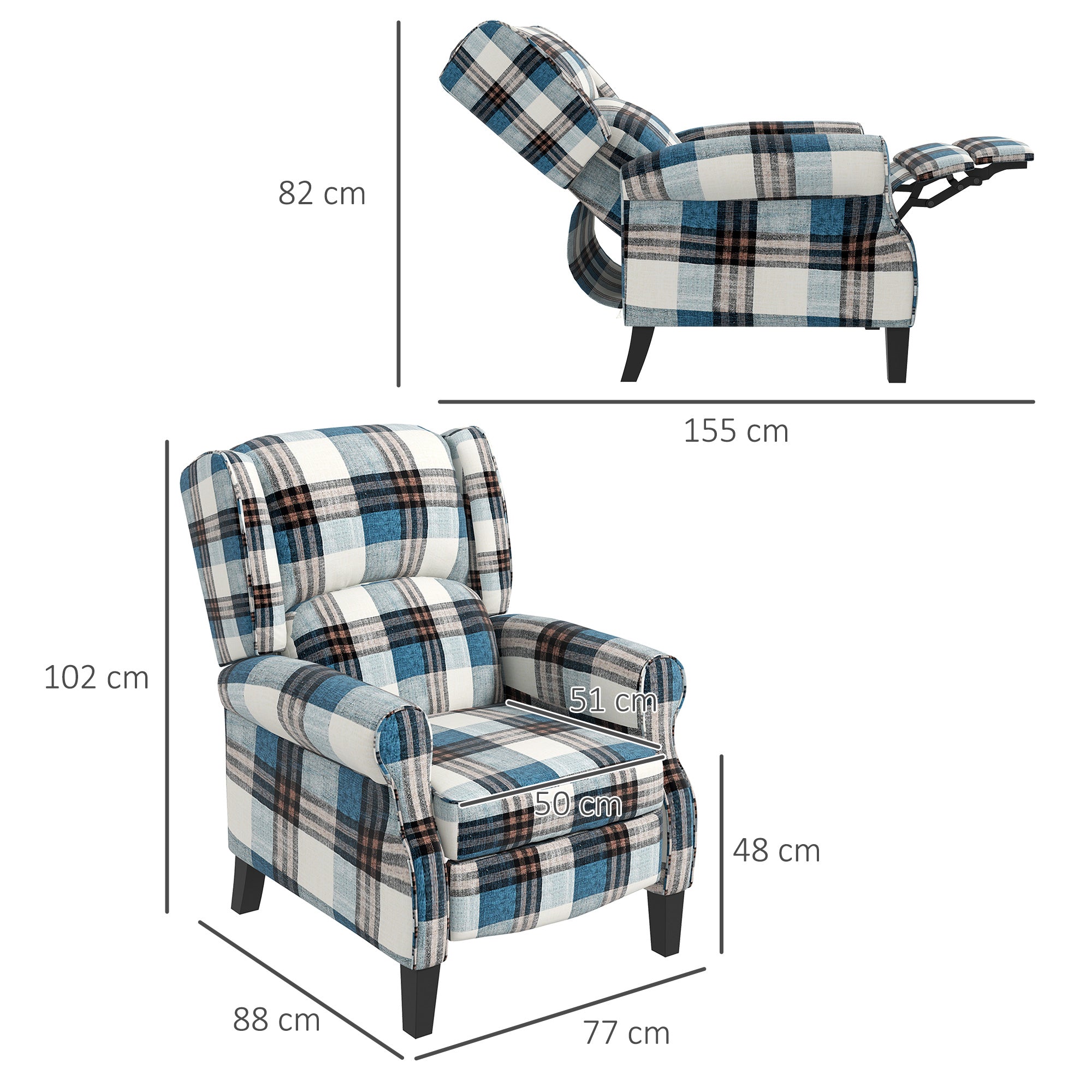 HOMCOM Wingback Reclining Chair Push Back Recliner Armchair for Living Room Bedroom with Footrest Armrests Wood Legs Blue