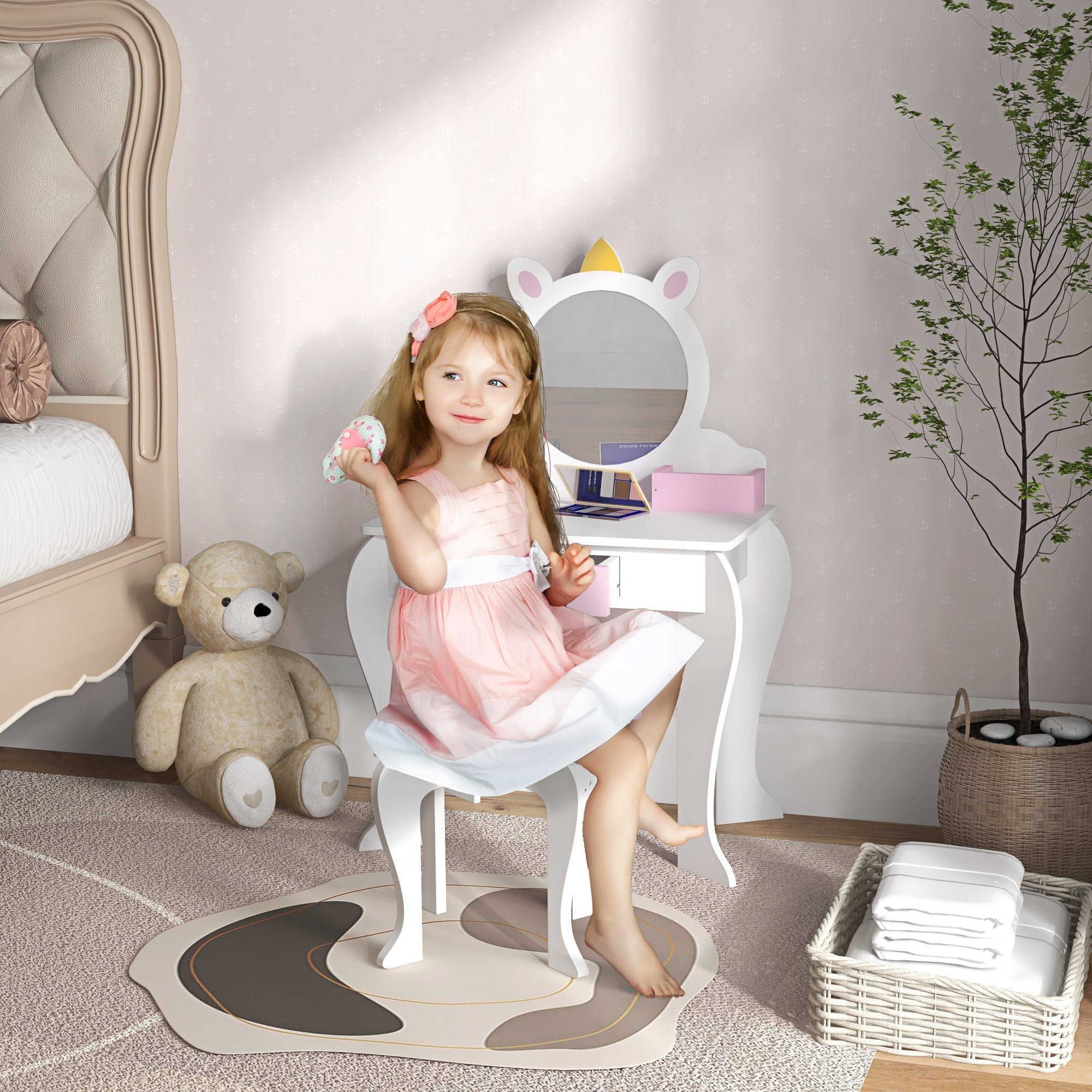 ZONEKIZ Unicorn-Design Kids Dressing Table, with Mirror and Stool - White - North Peak Garden Furniture