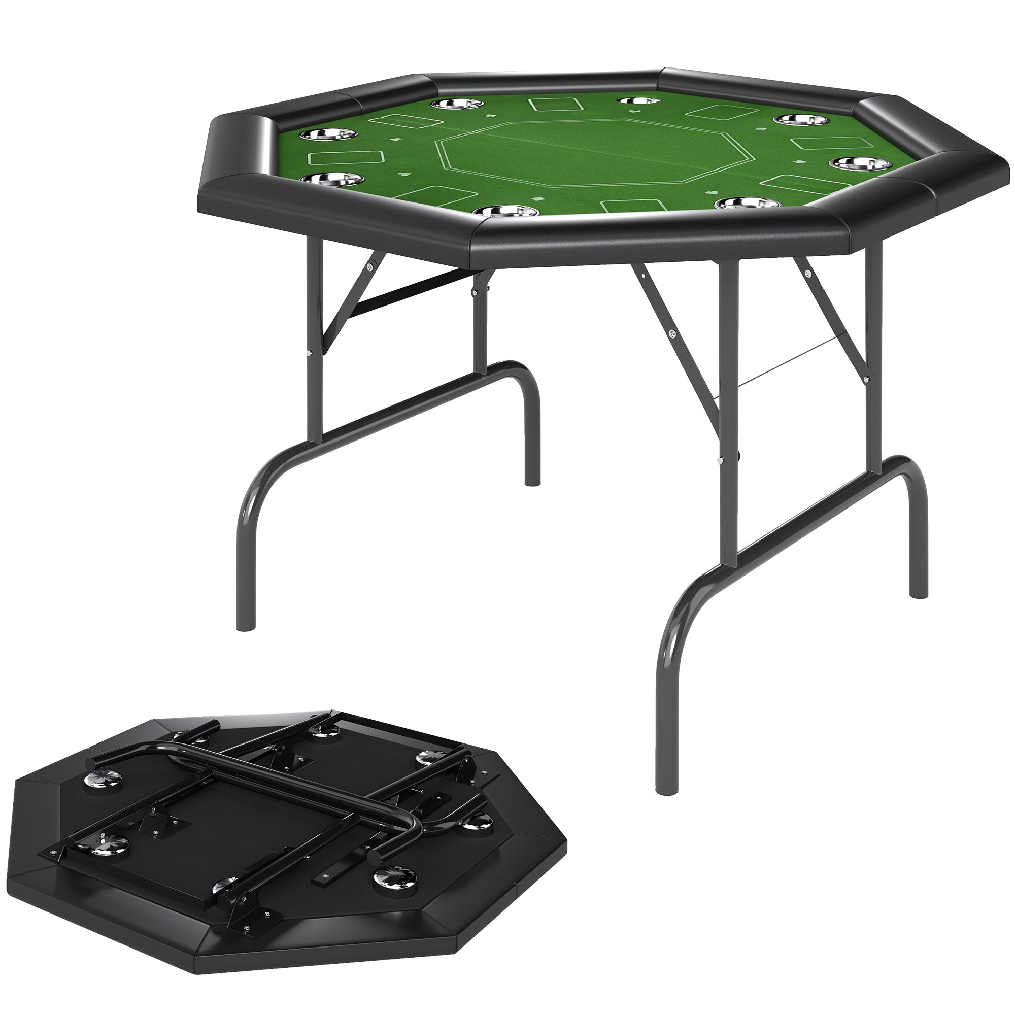SPORTNOW 8 Player Folding Poker Table, Portable Octagon Blackjack Table with Cup Holders with Cup Holders, Padded Edge, Green - North Peak Garden Furniture
