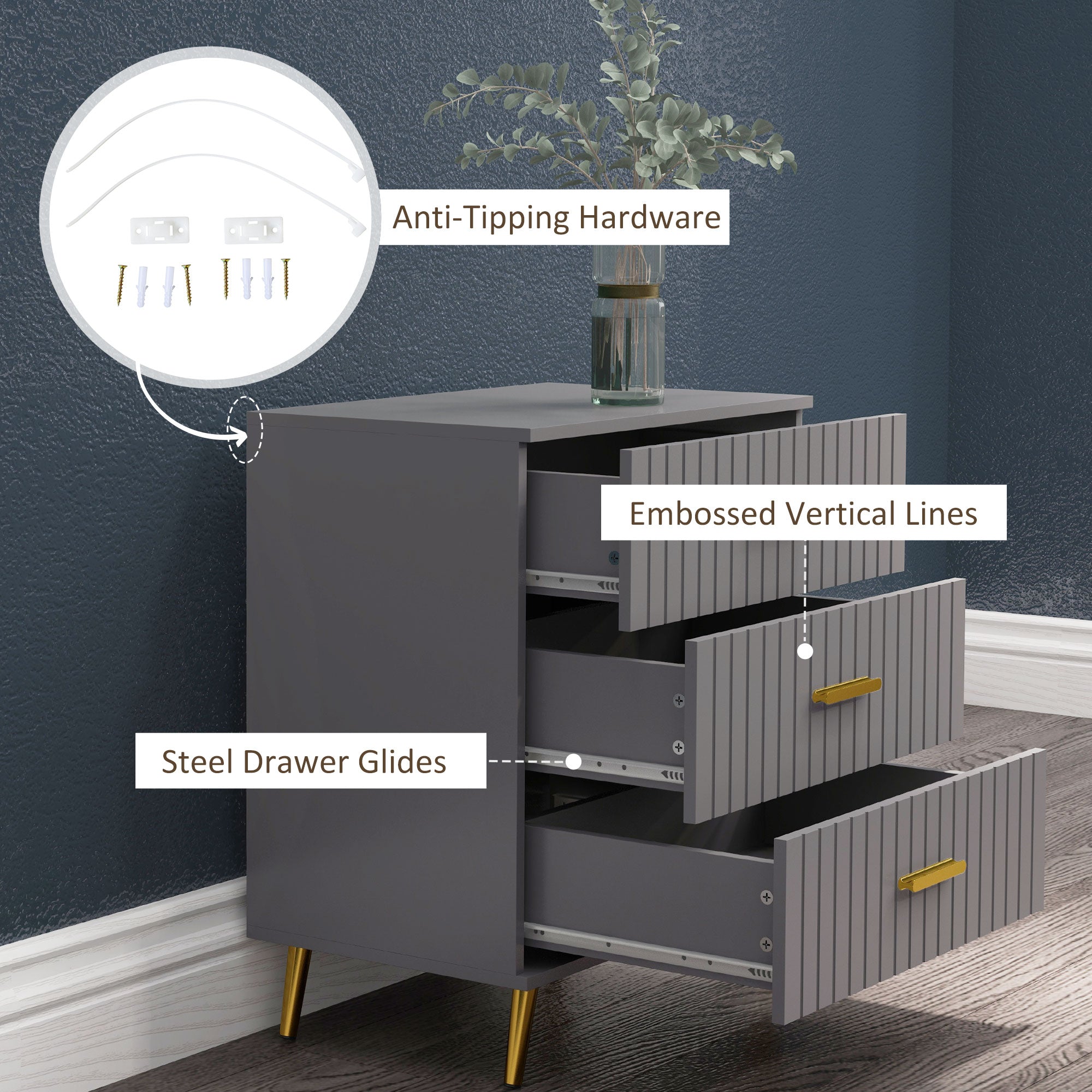 HOMCOM Three Drawer Embossed Line Dresser - Grey/Gold Tone - North Peak Garden Furniture