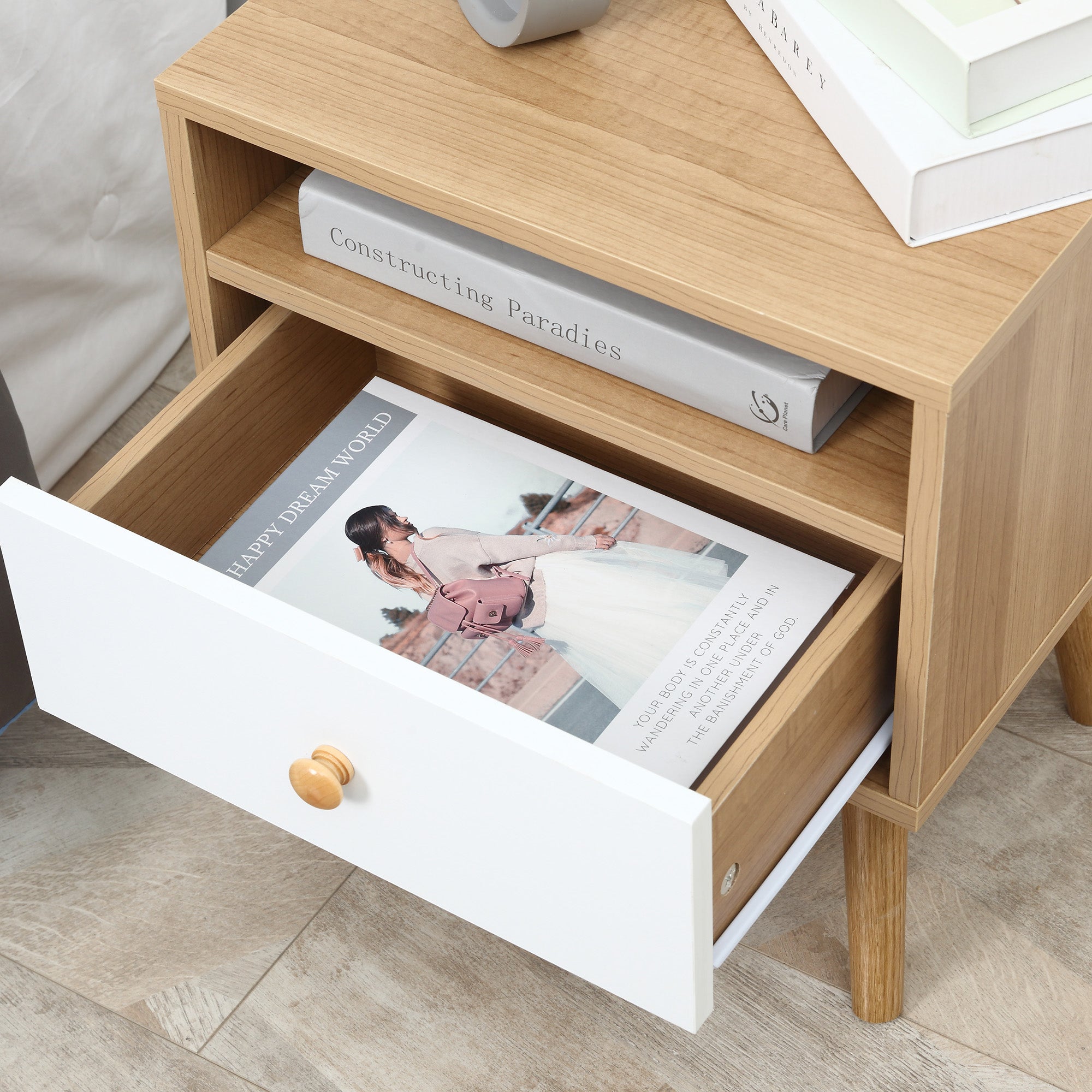 HOMCOM Bedside Table, Bedside Cabinet with Drawer and Shelf, Modern Nightstand, End Table for Living Room, Bedroom, Set of 2, Natural - North Peak Garden Furniture