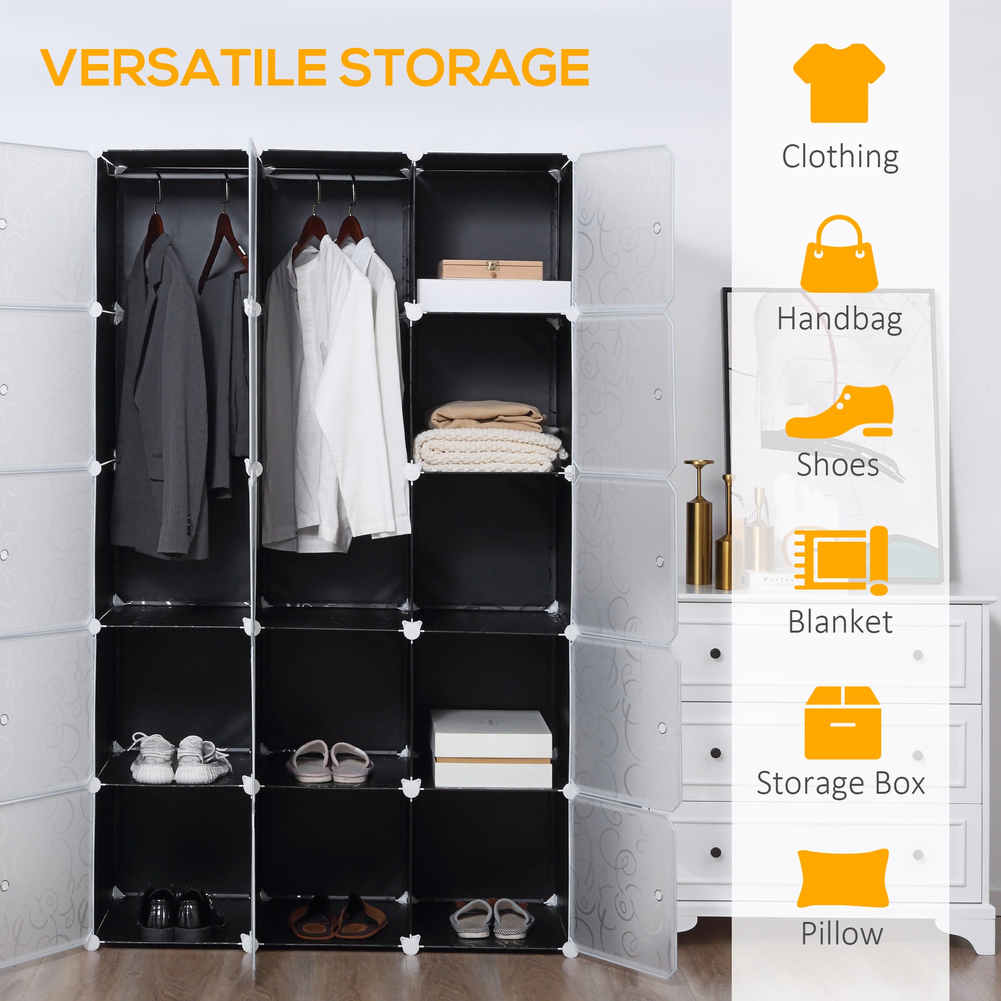 HOMCOM Portable Wardrobe for Bedroom, 15 Cube Closet with Hanging Rail, Modular Storage Cabinet, Plastic Armoire for Space Saving, White and Black - North Peak Garden Furniture