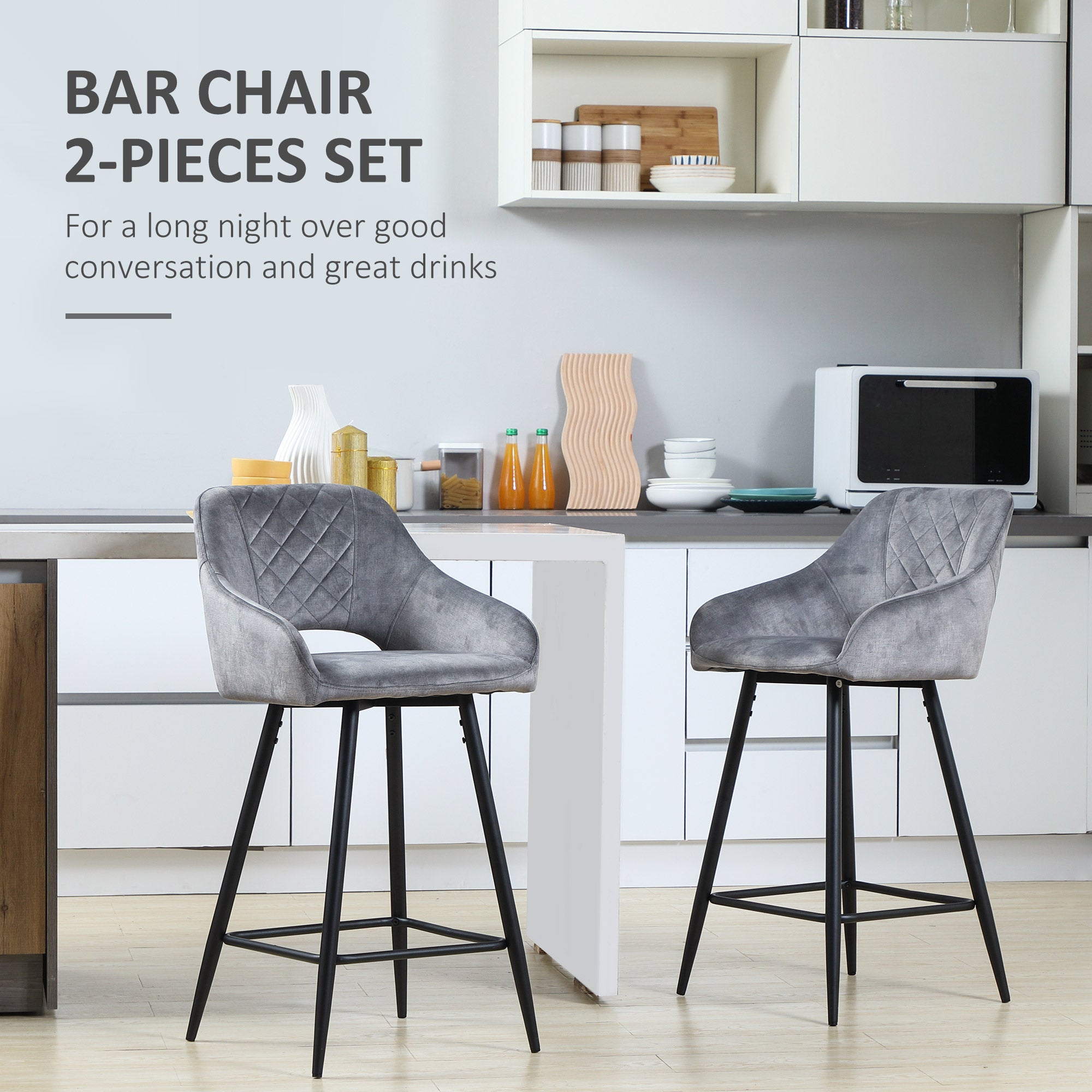 HOMCOM Bar Stools Set of 2, Velvet-Touch Fabric Counter Height Bar Chairs, Kitchen Stools with Steel Legs for Dining Area, Kitchen Island Barstools, Grey - North Peak Garden Furniture