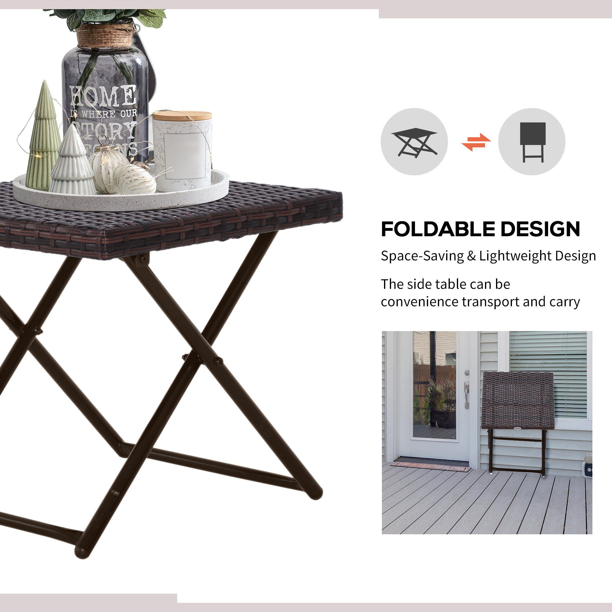 Outsunny Garden Small Folding Square Rattan Coffee Table Bistro Balcony Outdoor Wicker Weave Side Table 40H x 40L x 40Wcm Brown - North Peak Garden Furniture