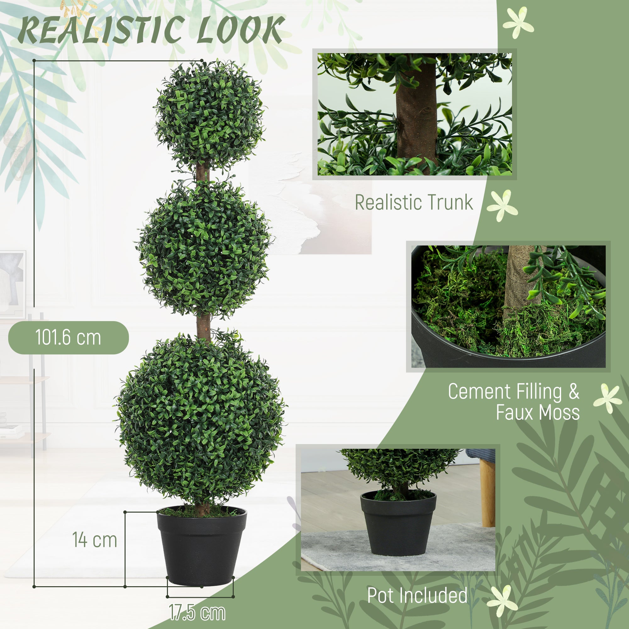 HOMCOM Set of 2 Decorative Artificial Plants, Topiary Ball-shaped Boxwood Trees in Pot, Fake Plants for Home Indoor outdoor Decor, 100cm, Green - North Peak Garden Furniture