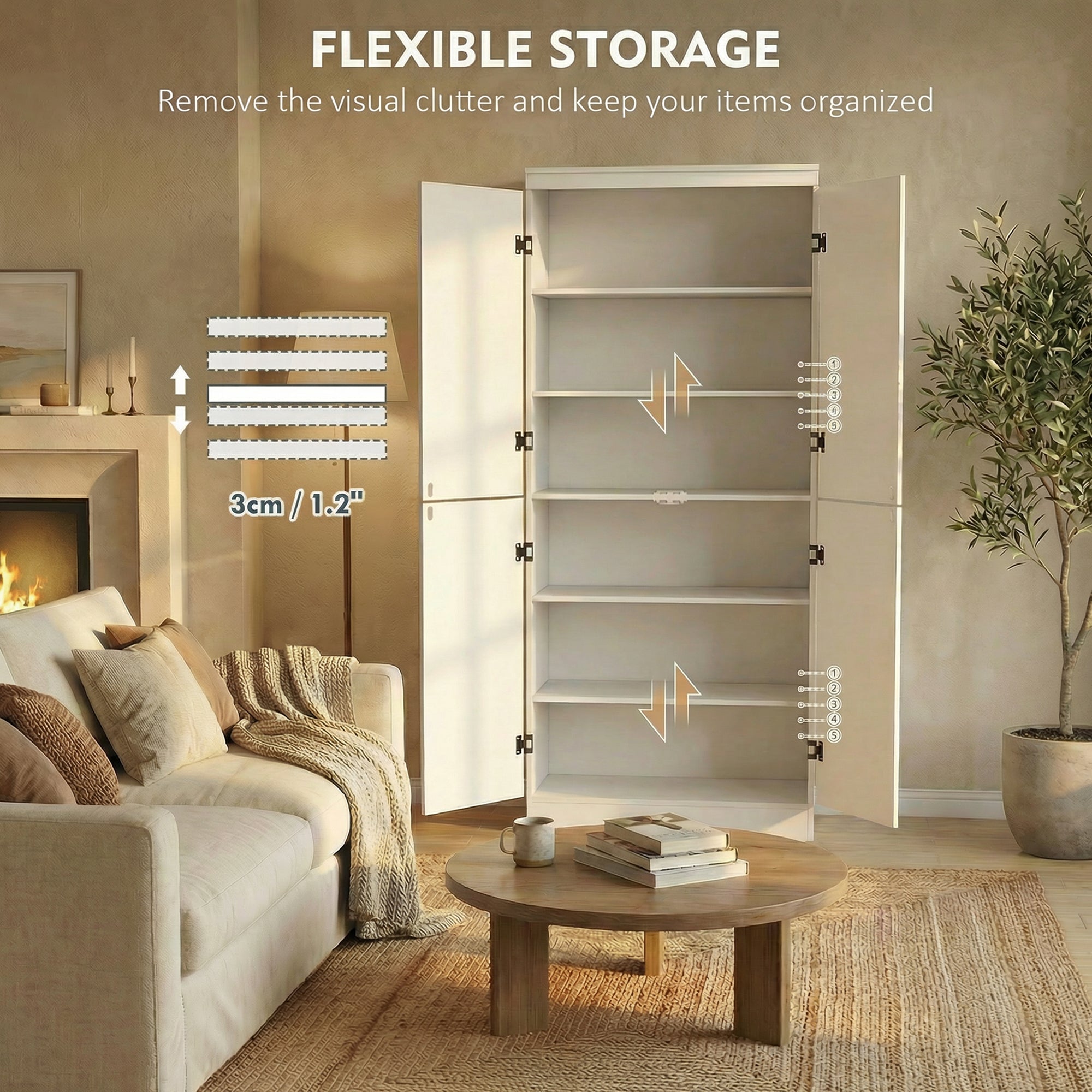 HOMCOM 4-Door Tall Kitchen Cupboard, Freestanding 6-Tier Storage Cabinet with 2 Adjustable Shelves for Living Room, Dining Room, White