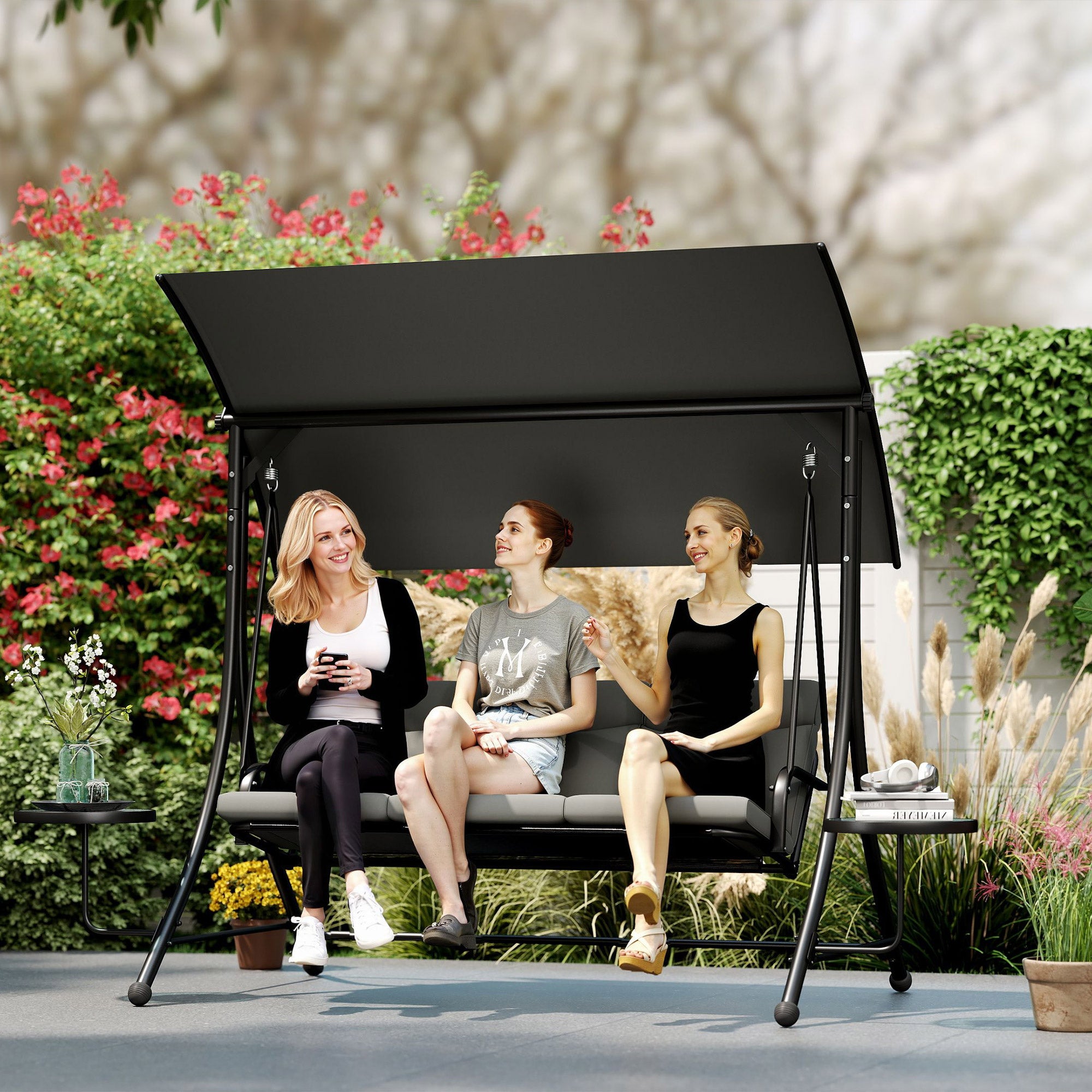 Outsunny Three-Seater Garden Swing, with Adjustable Canopy - Black/Grey