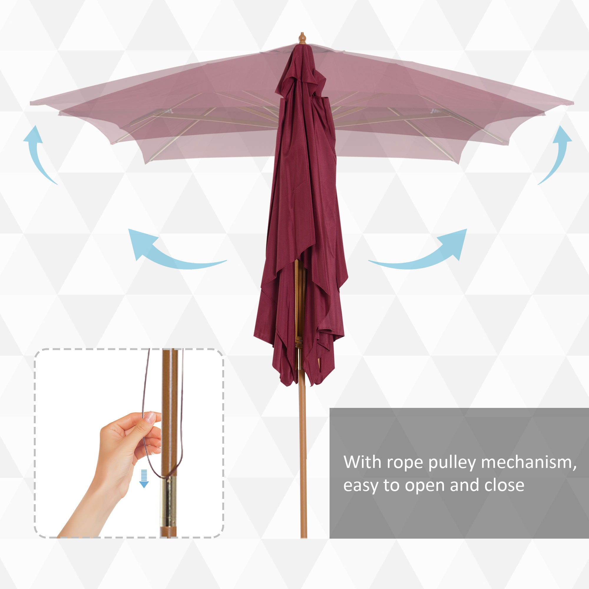 Outsunny Wooden Garden Parasol, 3m x 2m Sun Shade Patio Umbrella, Outdoor Canopy, Wine Red