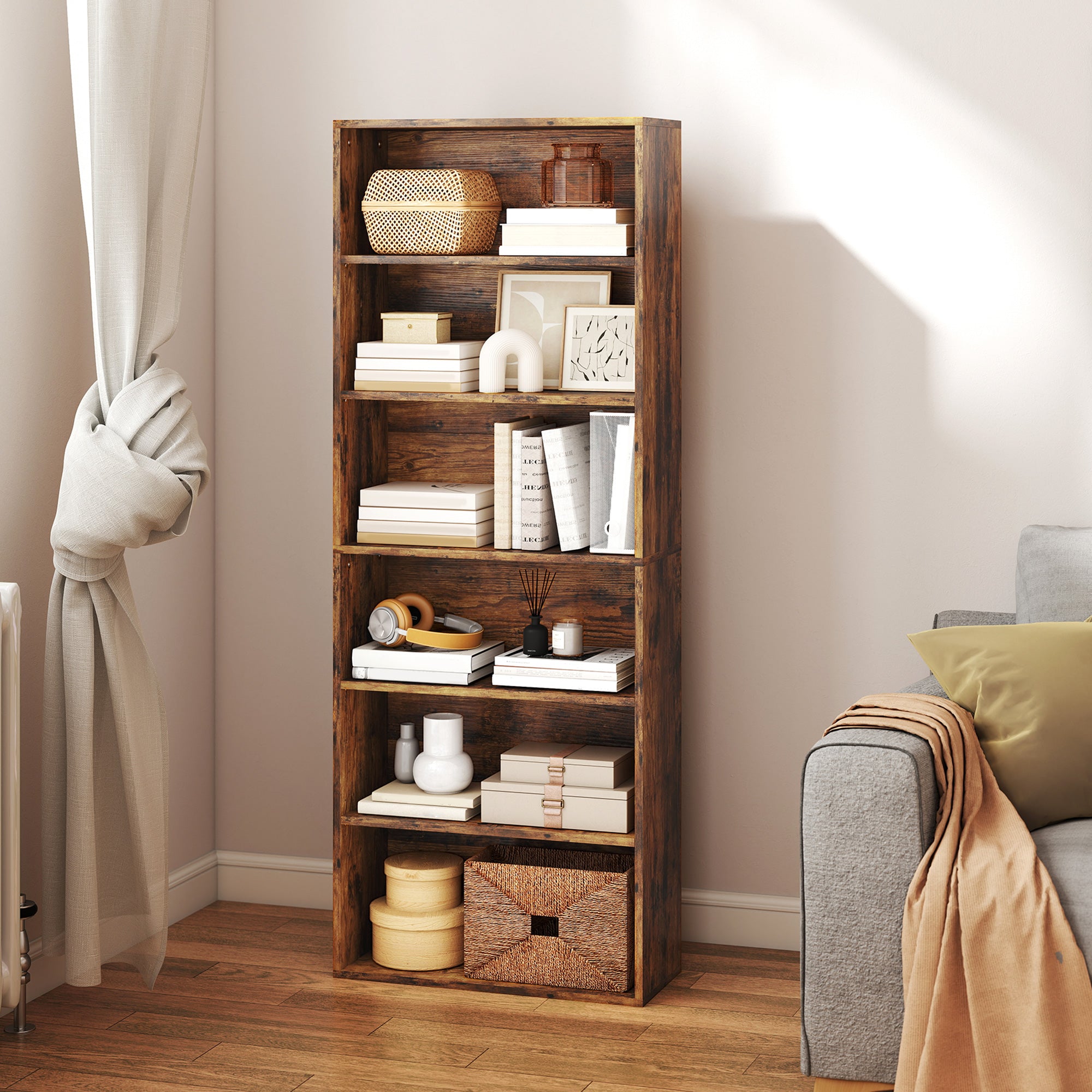 HOMCOM Six Shelf Bookcase - Rustic Brown