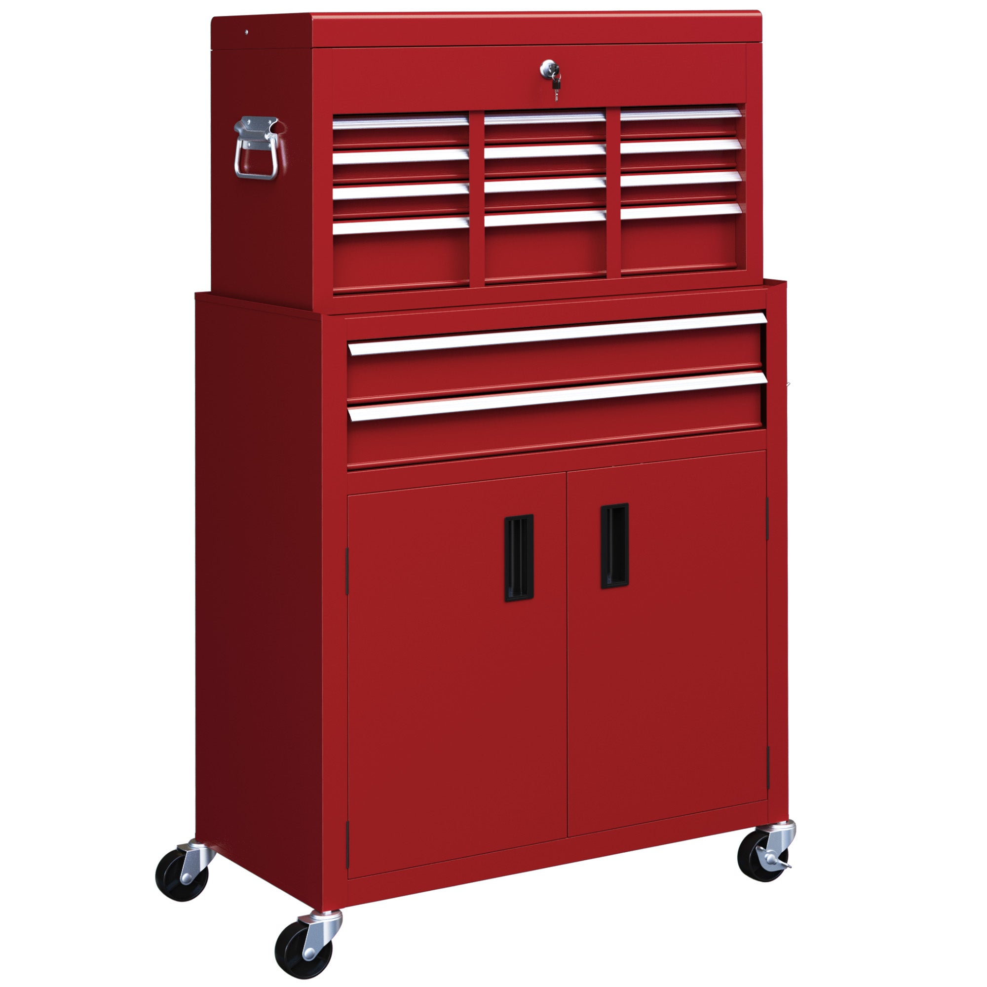 HOMCOM Portable Tool Box, Metal Tool Chest on Wheels with 6 Drawers for Garage and Workshop, Red - North Peak Garden Furniture