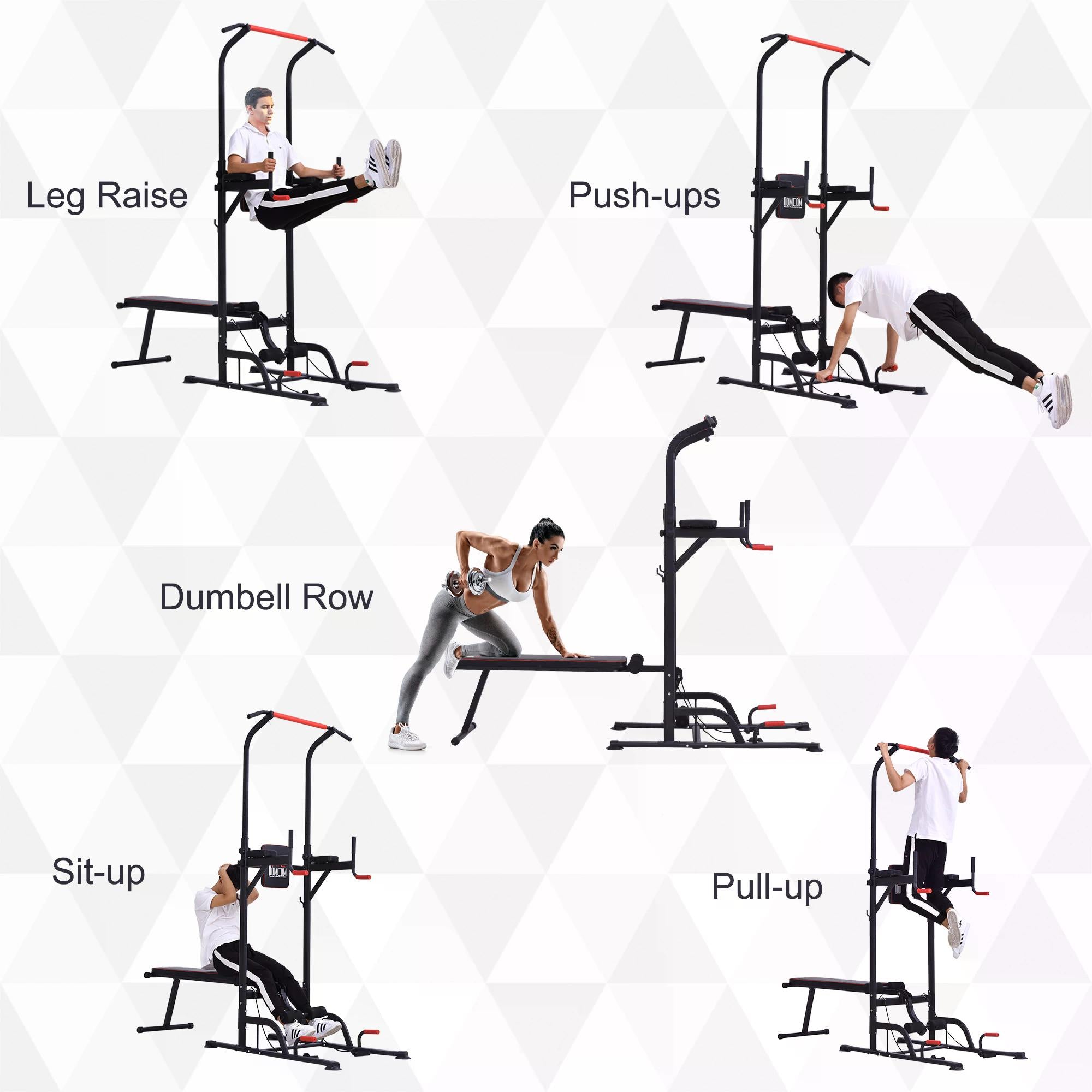 HOMCOM Multifunction Power Tower Home Workout Dip Station w/ Sit-up Bench Push-up Bars and Tension Ropes Fitness Equipment Office Gym Training