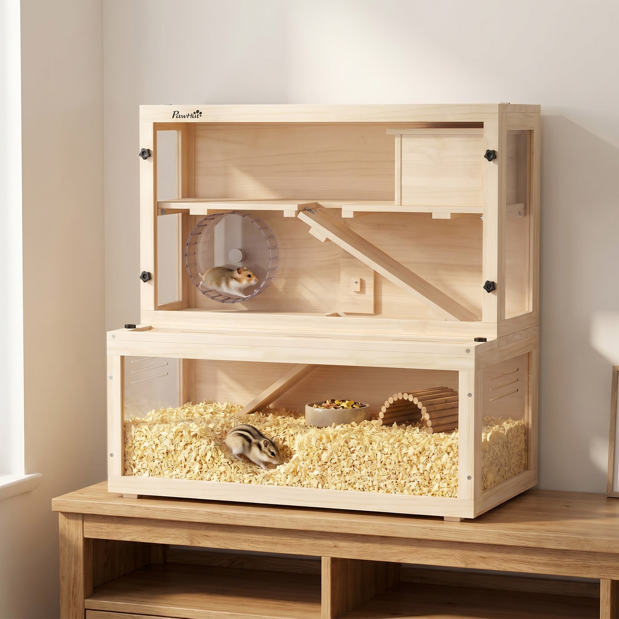 PawHut Wooden Hamster Cage with Hut, Wheel, Ramps, Removable Viewing Panels, 80 x 50 x 84 cm, Natural