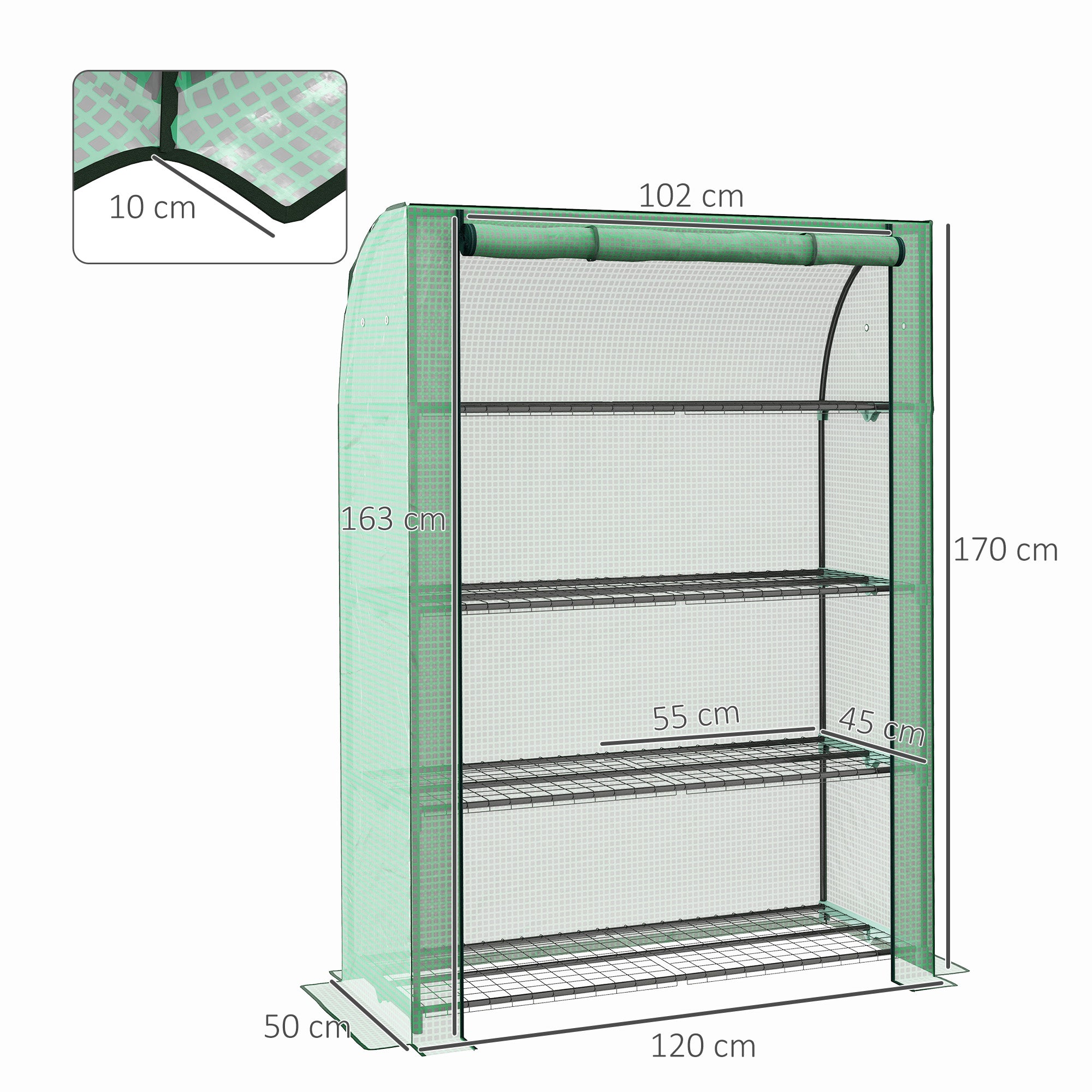 Outsunny 4 Tier Mini Greenhouse with Reinforced PE Cover, Portable Indoor Outdoor Green House with Roll-up Door and Wire Shelves, 170H x 120W x 50Dcm, Green - North Peak Garden Furniture