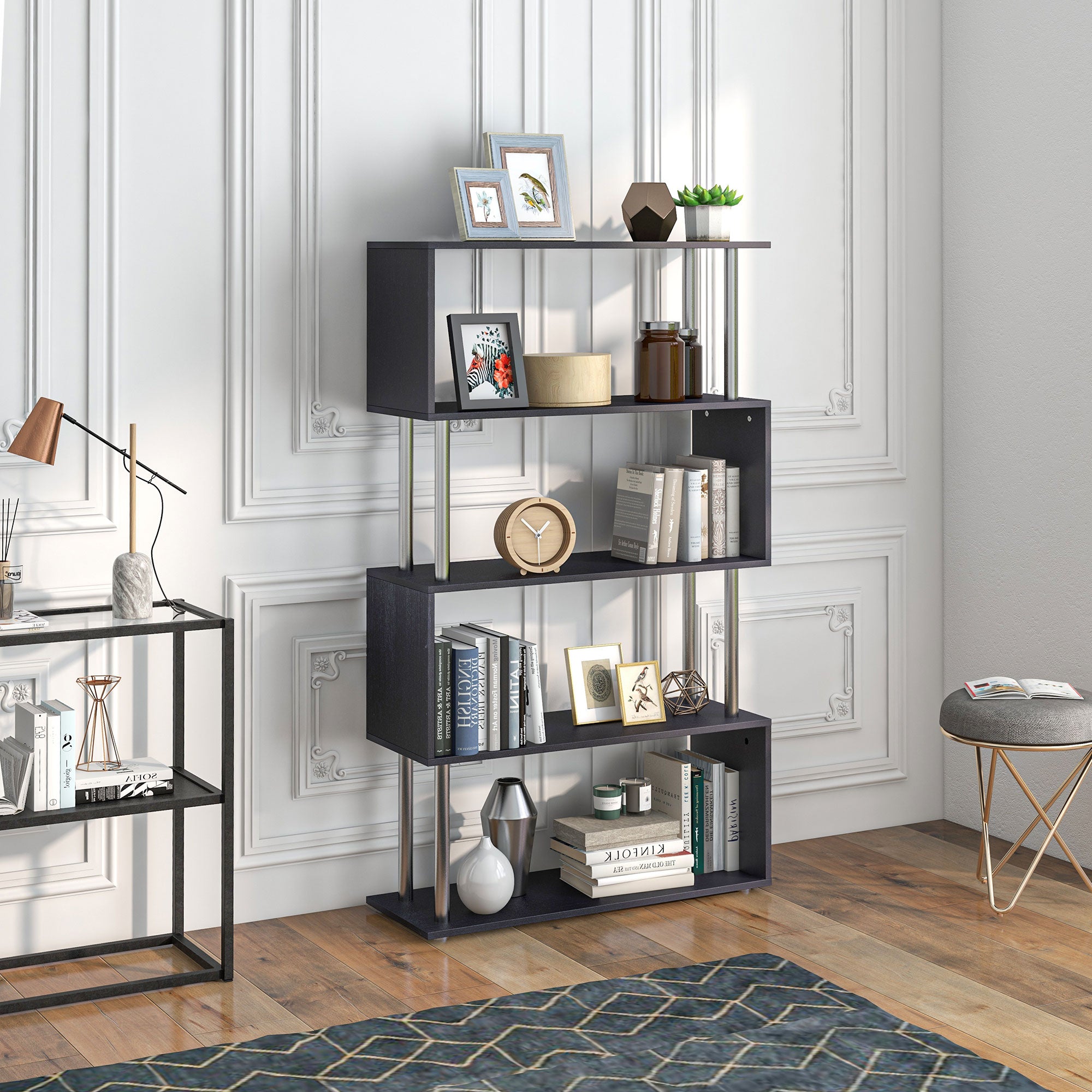 HOMCOM S Shape Bookcase, 5 Tiers Bookshelf, Modern Freestanding Storage Shelf for Home Office, Study, Living Room, 80 x 30 x 145cm Black - North Peak Garden Furniture