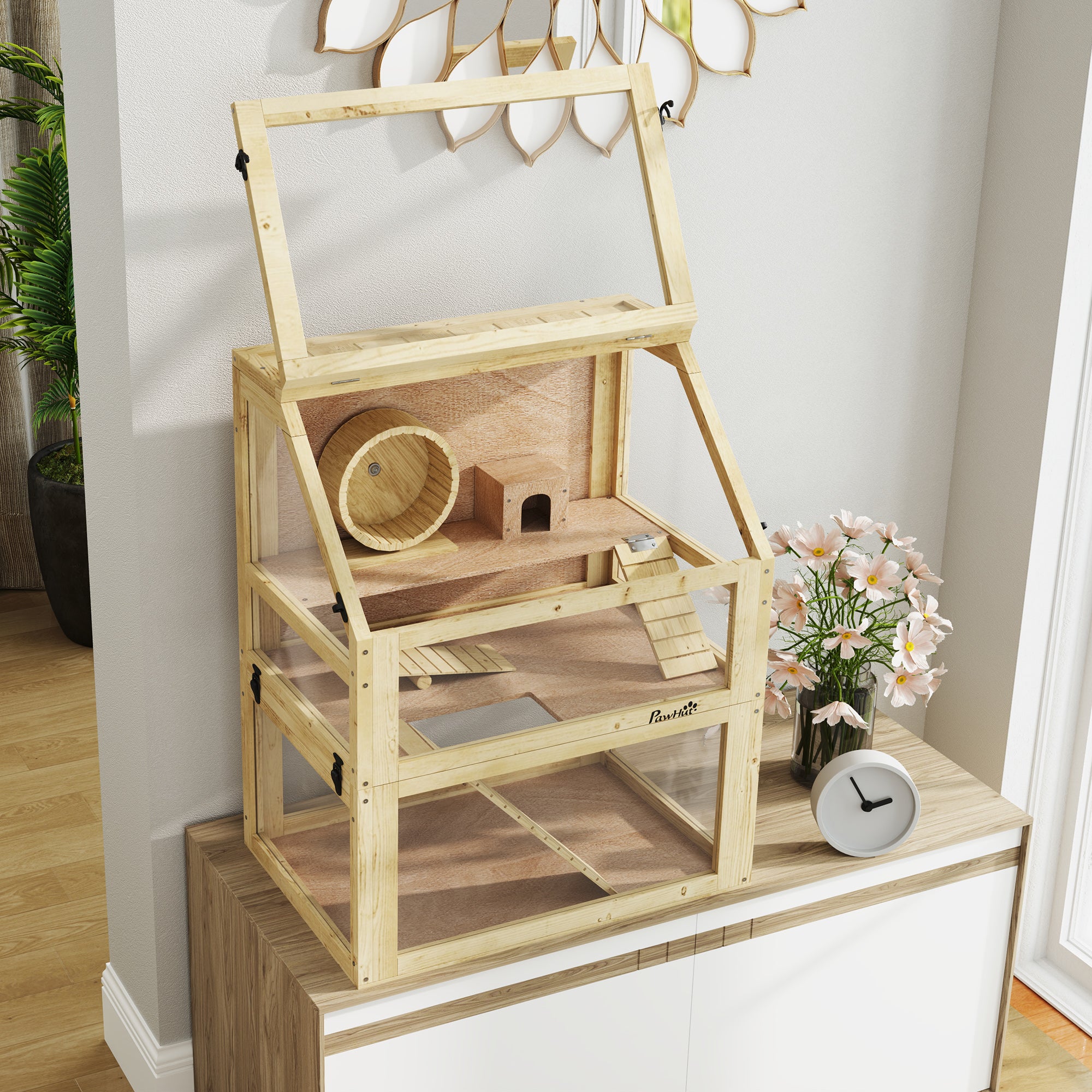 PawHut Wooden Hamster Cage with Detachable 32cm Deep Bottom, Hut, Seesaw, Exercise Wheel, Ramps, 60 x 40 x 75cm - North Peak Garden Furniture