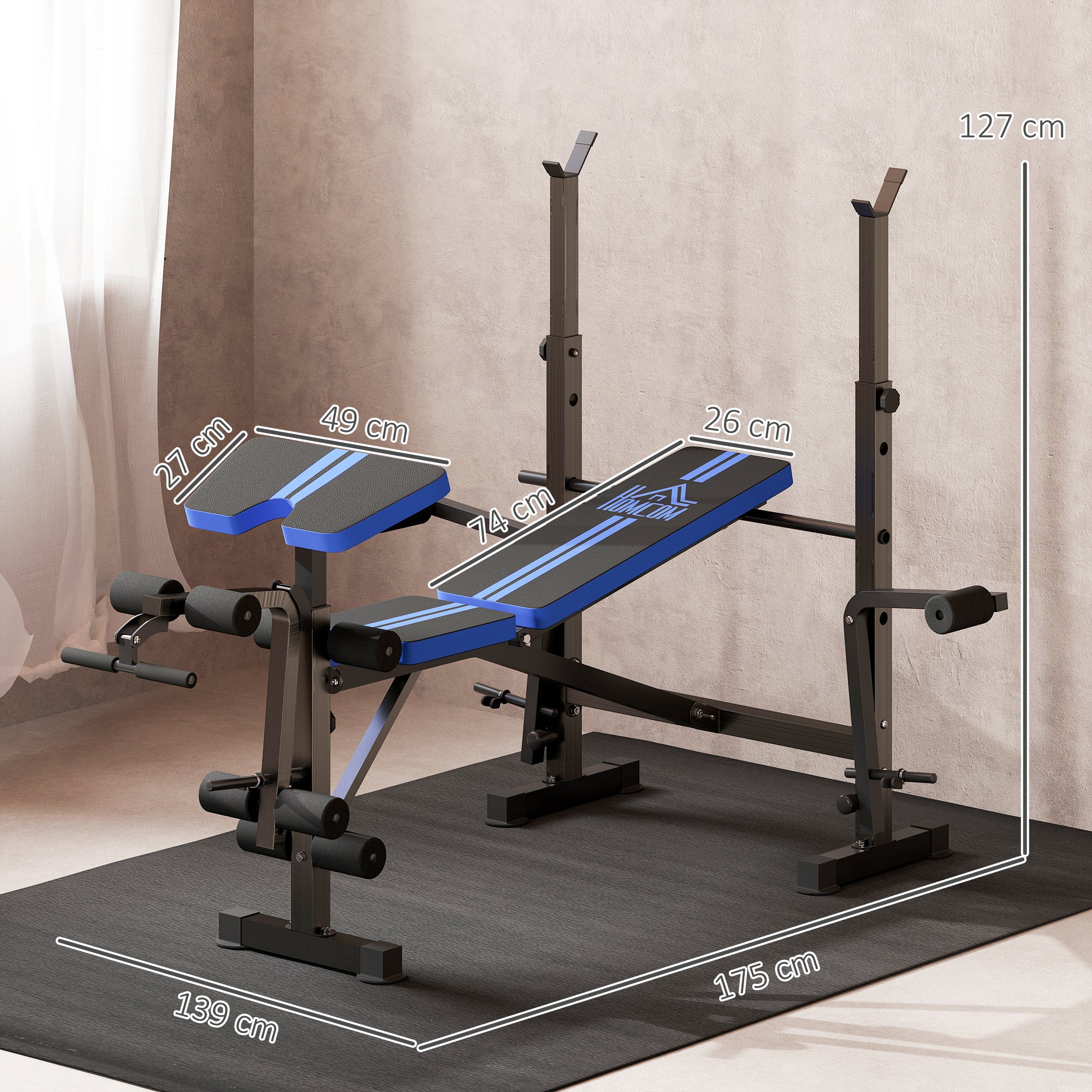 HOMCOM Adjustable Weight Bench with Leg Developer Barbell Rack for Weight Lifting and Strength Training Multifunctional Workout Station for Home Gym Fitness, Blue - North Peak Garden Furniture